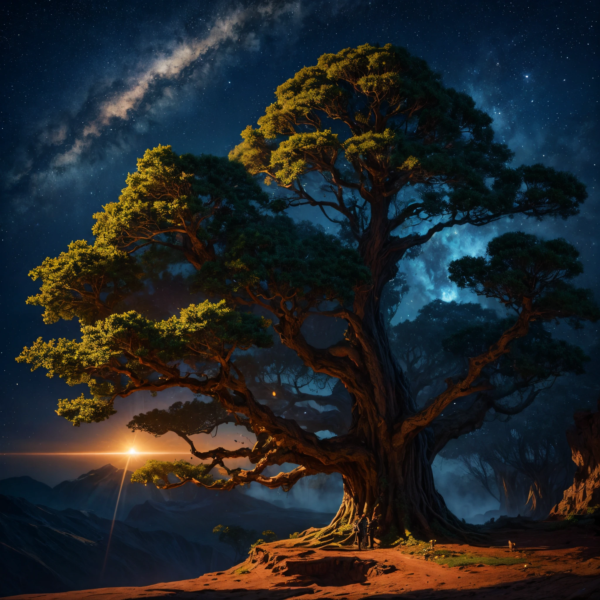 Girdling the planet in its loving embrace, the cosmic human tree's roots plunge deep through crust and mantle, tangling round the molten core in an unbreakable hold. Just as human thought and feeling circumnavigates the globe instantaneously today through signals sent round the world, so too this mythical tree’s roots encircle the very life-essence of our planet, protecting and nourishing the common origin of all peoples across eras.
The trunk, as thick and gnarled as evolution itself, towers beyond the stratosphere before exploding into a colossal canopy, with each branch representing diverse Earth cultures, past and present, intricately interwoven yet tracing back to the common wellspring far below. Through photosynthesis of starlight, this celestial species of tree converts radiant cosmic energies into the fruits of art, science, spirituality and all human expression manifesting at nature's growing tips today.
Like anthills clustered in the dirt or nests sheltering within pockets of bark, cities large and small dot the meandering boughs. As with tiny microorganisms in the soil sustaining an ordinary tree, so too Collective human activity makes possible the astounding growth of our shared project - the great Arbor Vitae or Tree of Life ever reaching for the heavens.
And when subsequently viewed from space, astronauts behold the planet now draped in green, crowned by gently waving filigrees of light piercing an atmospheric veil as delicate as leaf tissue. For the first time apprehending Earth whole, one finally understands ourselves as common crew nurturing an uncommon living wonder - one species, one tree, branches embracing all humanity’s multitudinous leaves from sea to stars.