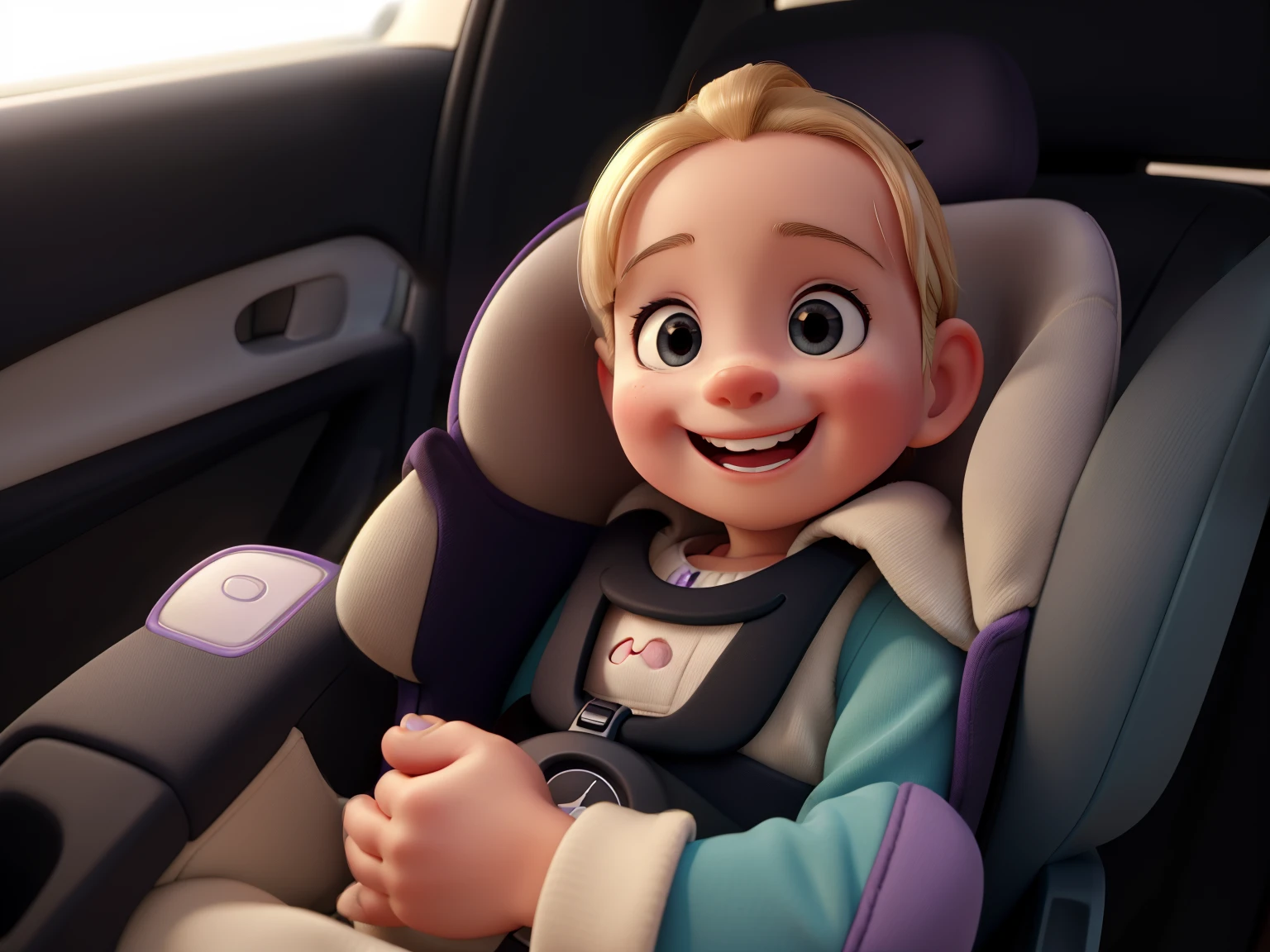 smiling in car seat in car, happily smiling at the camera, smiling for the camera, sitting in her car seat, very slightly smiling, looking happy, she is smiling and excited, happy with her mouth open, smiling into the camera, with a happy expression, very excited, shorter hair, purple onsie