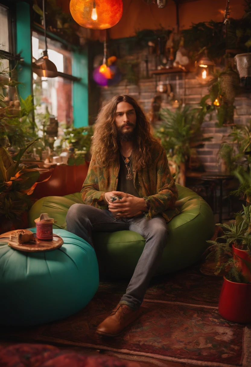 A photo of the character sitting on a colorful bean bag chair in a cannabis-themed cafe, surrounded by funky decorations and art.,original,long hair, scruffy dressed, always has a bong in hand