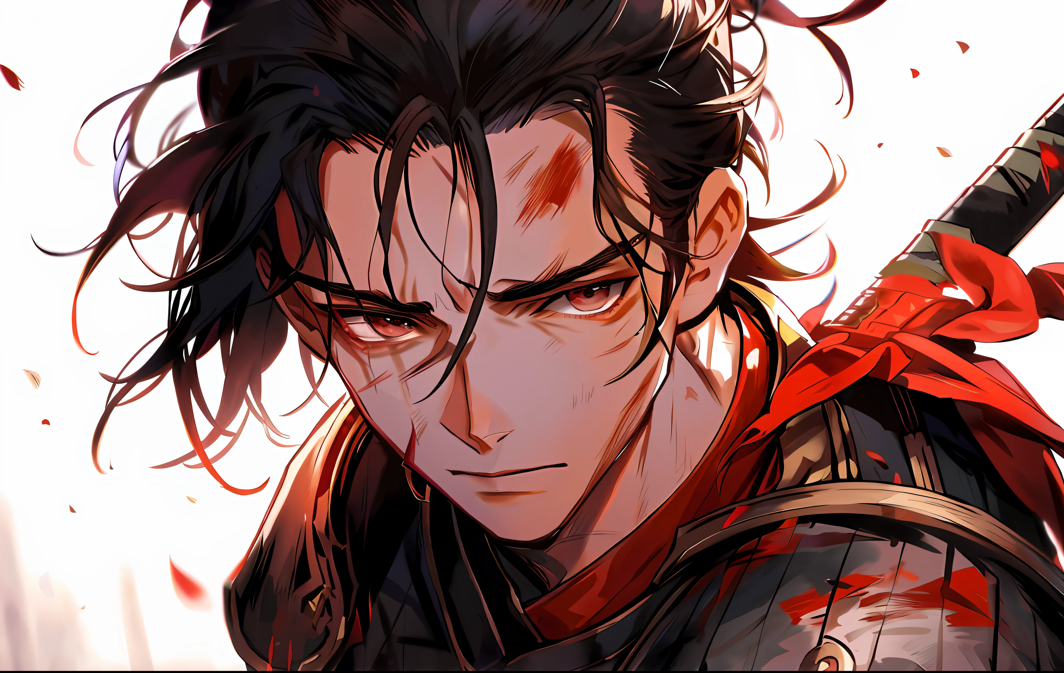 ((1man)), a handsome man in a castle, handsome face, skin and body broken with scars, blood, laying on the ground, 8K, (dynamic perspective), sharp focus, (depth of field, bokeh:1.3), extremely detailed eyes and face, beautiful detailed eyes, cinematic lighting, transparent iridescent eyes, fantasy military uniform, long hair, black hair, ((masterpiece, best quality)), from above, muscular