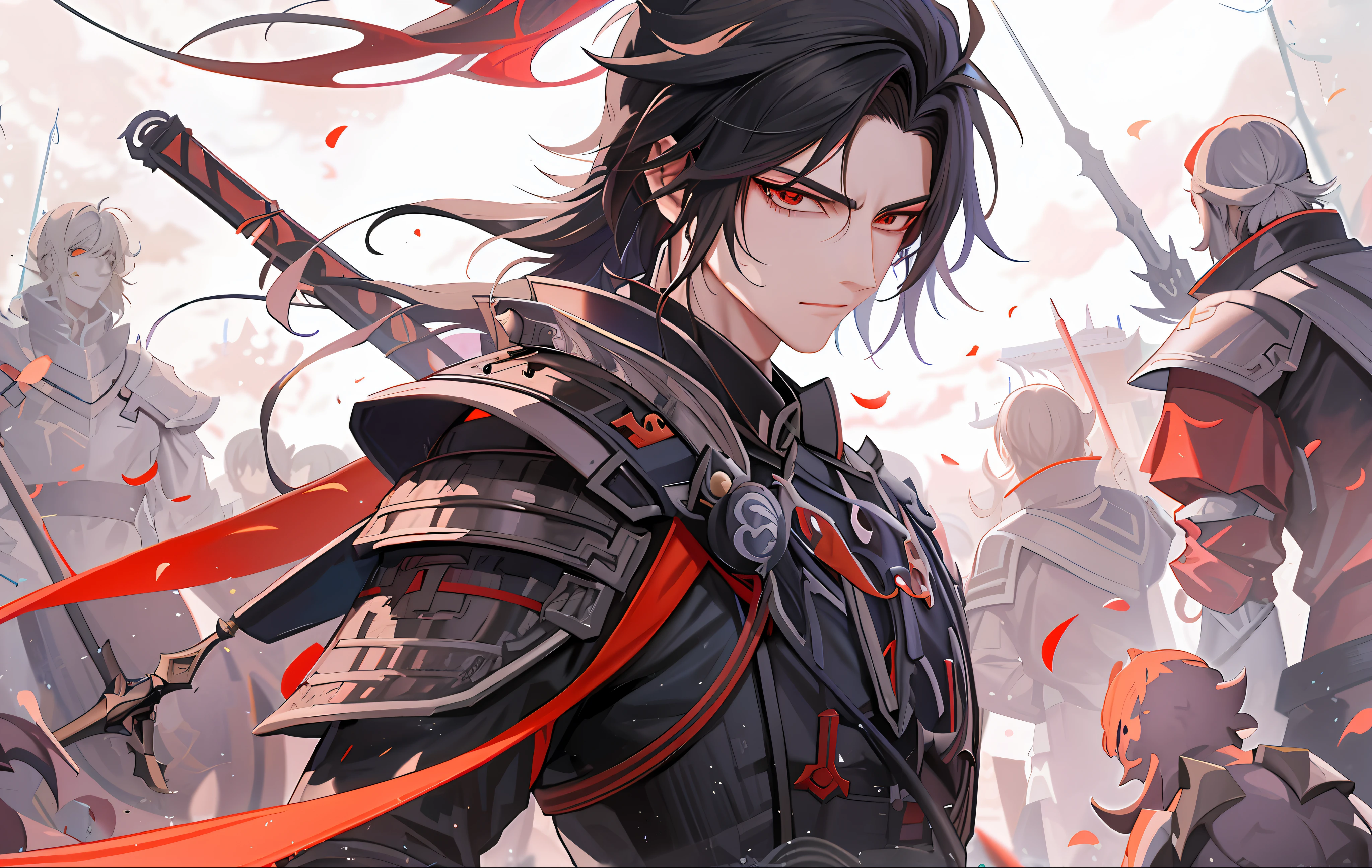 Anime, A man in armor，With a sword and a sword in his hand, handsome guy in demon killer art, by Yang J, Keqing from Genshin Impact, zhongli from genshin impact, heise jinyao, G Liulian art style, Wuxia, By Li Song, inspired by Hong Ren, Genshin, Detailed digital anime art