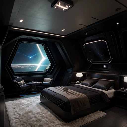A starship bedroom, Star Wars style, hyperrealistic