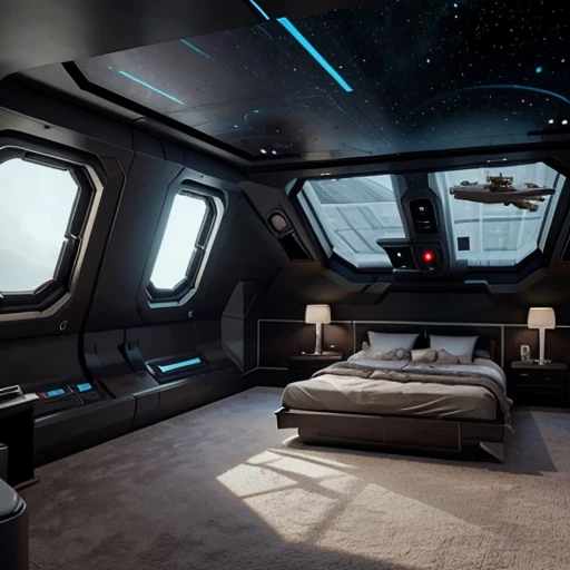 A starship bedroom, Star Wars style, hyperrealistic