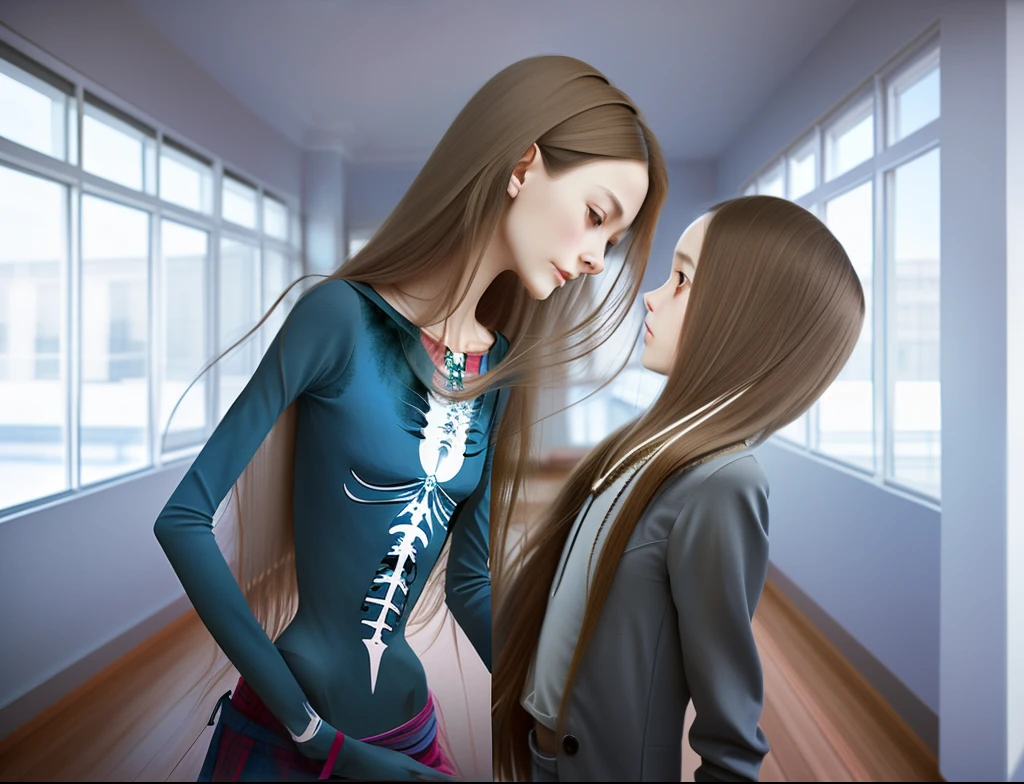 Very thin woman with long hair pinches little girl&#39;s face，thin body of woman，The waist is very thin，Delicate arms，The woman is so thin that only skin and bones are left，Realistic painting style