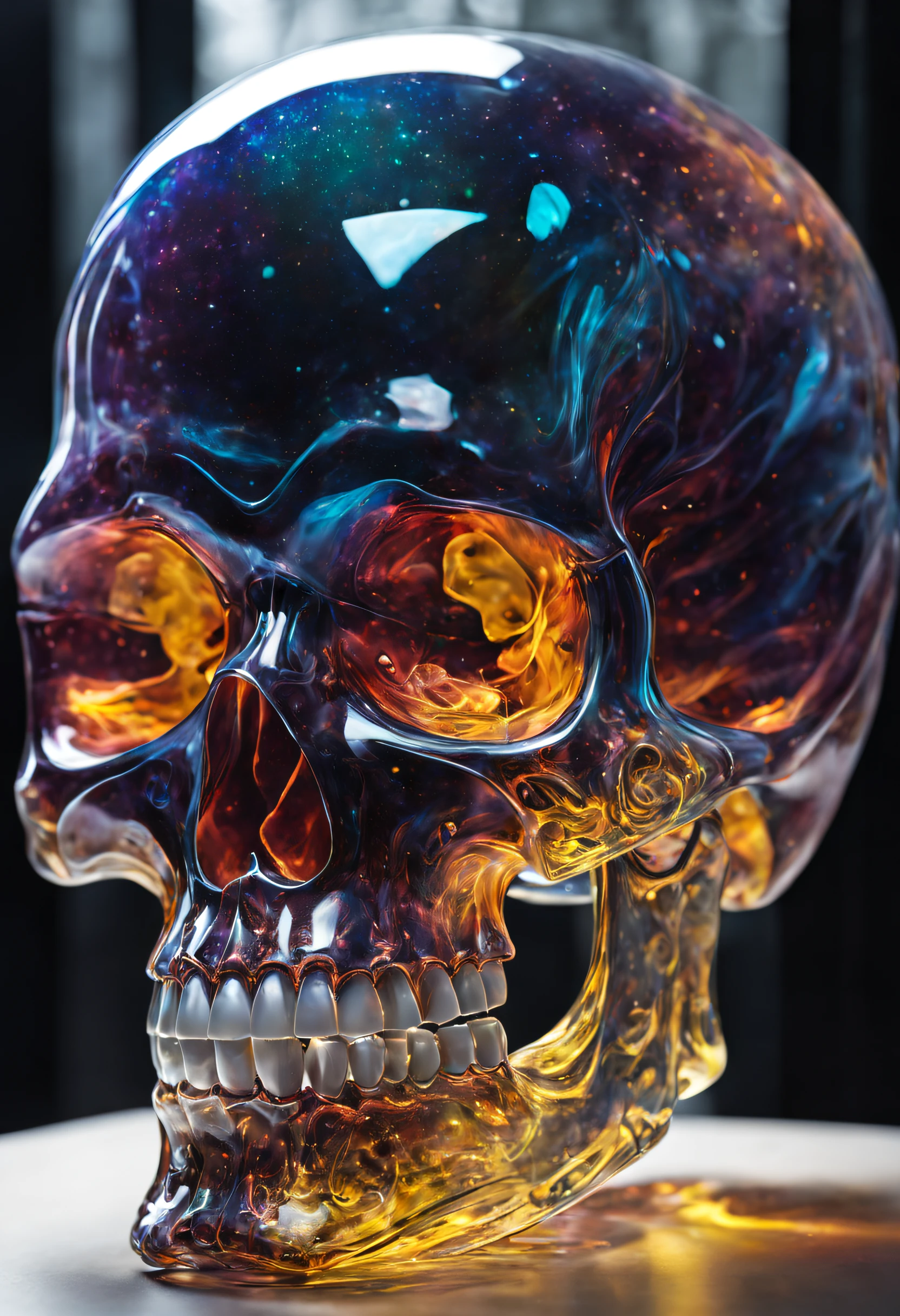 A realistic colored glass skull, beautiful and detailed. Which explodes when falling to the ground, the projections are textured like colorful dreaming dust