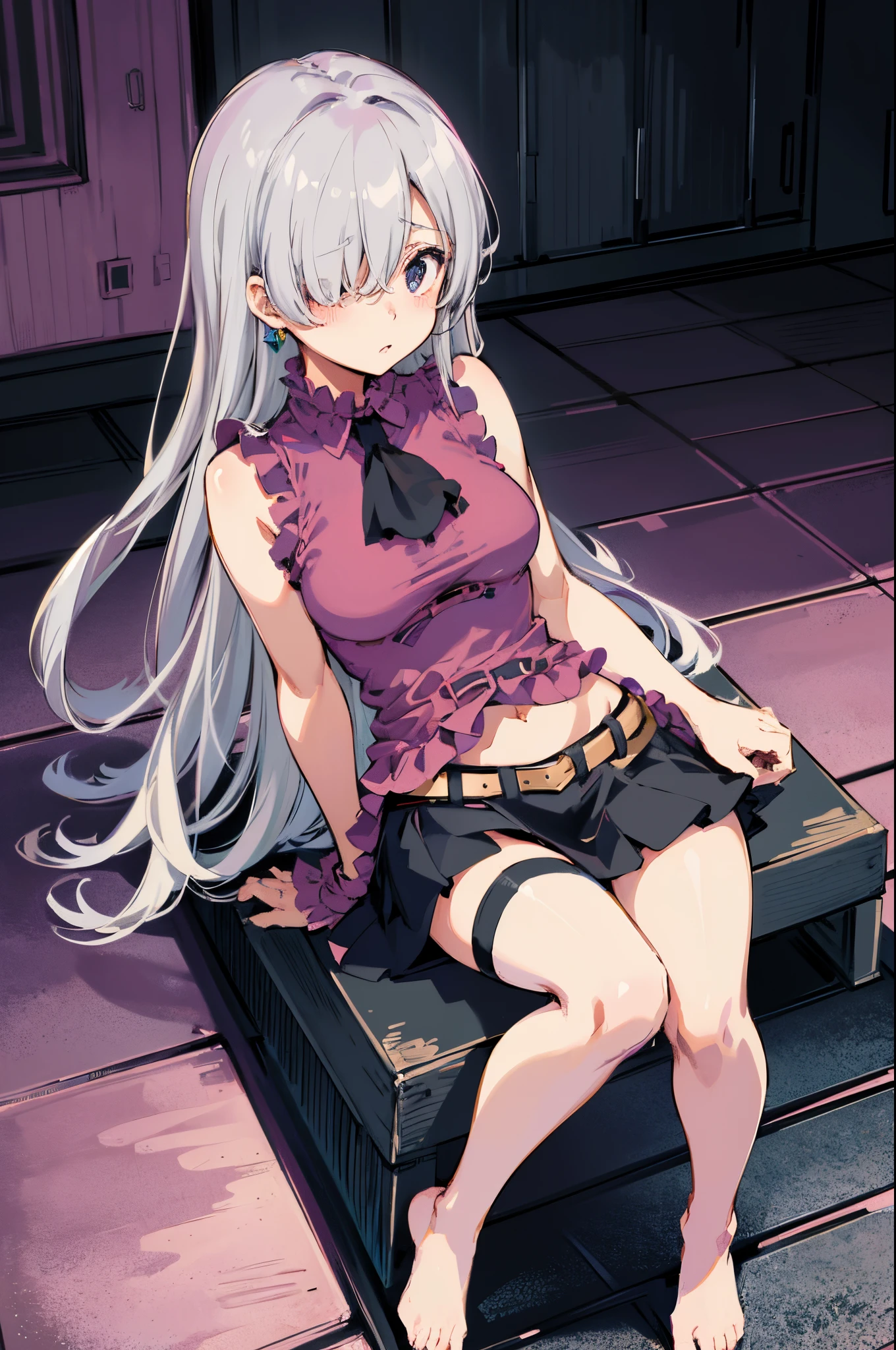 masterpiece, best quality, highres, Elizabeth, 1girl, jewelry, single thighhigh, silver hair, hair over one eye, midriff, black skirt, asymmetrical legwear, pink shirt, sleeveless, black thighhighs, belt, landscape background, sitting on floor, knees up, barefoot, standing, portrait,