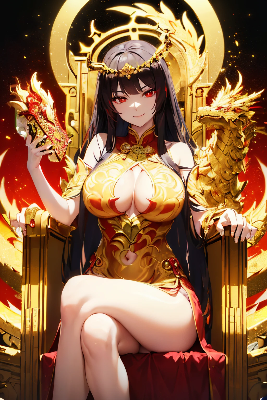 (masterpiece), best quality, expressive eyes, perfect face, (with a white chinese dress with golden dragons in it, devious smiling, long black hair, bangs, ((torso, intricate gold crown, sitting on throne crossed legged)), (red eyes), with thick golden dragon tale, ((perched atop a large golden dragon throne), ((cruel smile))
, bright summer lighting,