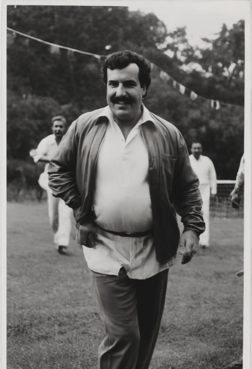 A photo of Escobar and his crew enjoying a game of soccer in the backyard,original,Pablo Escobar, the infamous Colombian drug lord and leader of the Medellín Cartel, was often recognized for his stout build and mustachioed face. He typically dressed in casual attire, favoring simple polo shirts and slacks, which contrasted sharply with his immense wealth and power. His dark, brooding eyes and stern expression often gave him an intimidating presence, a reflection of his formidable status as one of the world’s most notorious criminals.
