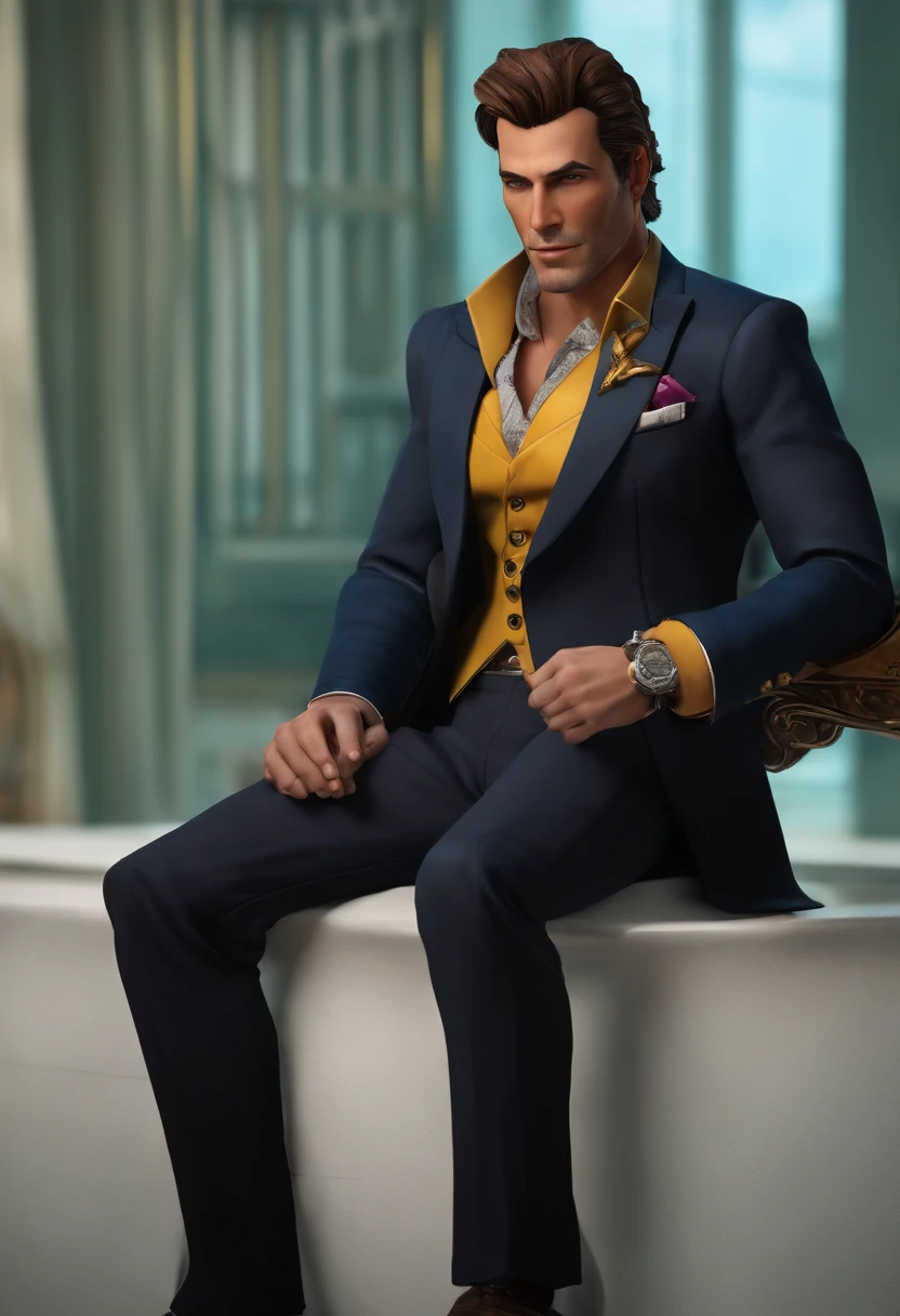 Handsome Jack standing at the entrance of an extravagant casino, surrounded by adoring fans and an entourage of bodyguards,Borderlands 2,Appearance: Handsome Jack from Borderlands
Description: Handsome Jack's appearance is distinctive and memorable, reflecting his larger-than-life personality. Here is a meticulous description of his physical features:
Facial Features:
- Face: Handsome Jack has a well-defined and angular face. His facial structure is sharp, with chiseled cheekbones and a prominent jawline.
- Eyes: His eyes are a piercing blue color, often described as icy or intense. They are framed by well-groomed eyebrows and have a calculating and observant gaze.
- Facial Hair: Handsome Jack is typically seen with a clean-shaven face, emphasizing the sharpness of his facial features.
Hair:
- Style: His hair is styled in a slicked-back manner, appearing well-groomed and meticulously maintained.
- Color: His hair is a striking shade of blonde, often described as a vibrant golden hue. It accentuates his charismatic and confident aura.
Attire:
- Clothing: Handsome Jack is often seen in a sharp and stylish outfit that exudes a sense of authority and sophistication. He favors tailored suits in dark colors such as black or charcoal gray, with intricate patterns or subtle detailing.
- Accessories: He adorns himself with accessories that showcase his wealth and power. This may include a sleek tie, cufflinks, and a high-end wristwatch. He may also wear a signature Hyperion mask, which is a white mask with a sinister grin, symbolizing his role as the CEO of Hyperion Corporation.
Physical Build:
- Height: Handsome Jack is of average to slightly above-average height, standing around 5'11'' to 6'0'' (180-183 cm).
- Physique: He possesses a lean and athletic build. While not exceptionally muscular, his physique suggests a level of physical fitness and agility.
Overall, Handsome Jack's appearance reflects his charismatic and confident nature. His sharp facial features, intense blue eyes, and meticulously styled hair contribute to his striking and memorable presence. Combined with his fashionable attire, he presents himself as a figure of power and authority.
Forehead: Handsome Jack's forehead is smooth and slightly rounded, with no prominent lines or wrinkles. It appears relatively proportionate to the rest of his face.
Eyebrows: He has well-defined eyebrows that are groomed and neatly shaped. They are medium in thickness and arched, adding to his expressive and intense gaze. The color of his eyebrows matches his hair color, a vibrant shade of blonde.
Eyes: Handsome Jack's eyes are one of his most striking features. They are a piercing, vibrant blue color, often described as icy or intense. His eyes have a sharp, calculating gaze that can be both captivating and unnerving. The irises stand out prominently against the white of his eyes.
Nose: He has a straight and well-defined nose that complements the angular and sharp features of his face. It is neither too small nor too large, appearing proportionate with the rest of his facial structure. The bridge of his nose is straight, leading to a slightly rounded tip.
Cheekbones: Handsome Jack possesses prominent and defined cheekbones that add a sense of structure and angularity to his face. They are high and well-sculpted, giving his face a distinct and commanding appearance.
Jawline: His jawline is strong and chiseled, adding to his overall rugged and authoritative look. It is well-defined, with a squared-off shape that accentuates the masculinity of his face. The jawline connects seamlessly with his neck.
Lips: Handsome Jack has medium-sized lips that are usually seen in a neutral or slightly smirking expression. They are neither too thin nor too full, striking a balance between refinement and confidence.
Chin: His chin is well-defined and slightly pointed, adding to the sharpness and angularity of his facial structure. It complements his overall handsome and charismatic appearance.
Skin: Handsome Jack's skin appears smooth and well-maintained. It has a fair complexion, often described as having a healthy glow.
His face is adorned by a mask that was grafted directly according to his previous face. He wears it because his normal face was branded with the Vault Symbol when the first Vault was opened in Pandora.