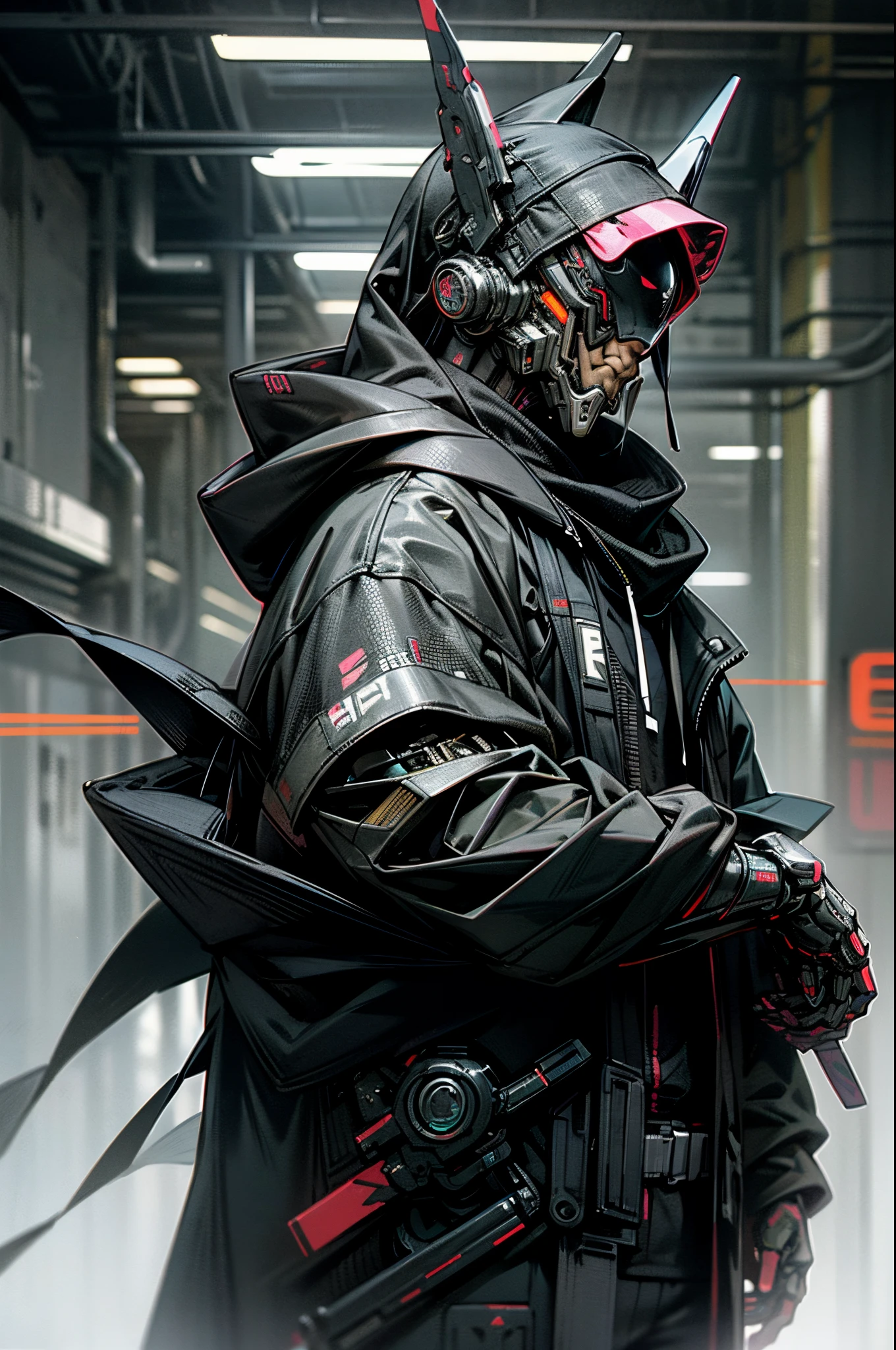 There was a boy wearing a mask and a black hood,with a knife in hand, estilo cyberpunk hiper-realista,Estilo de anime cyberpunk digital,cores ciano
