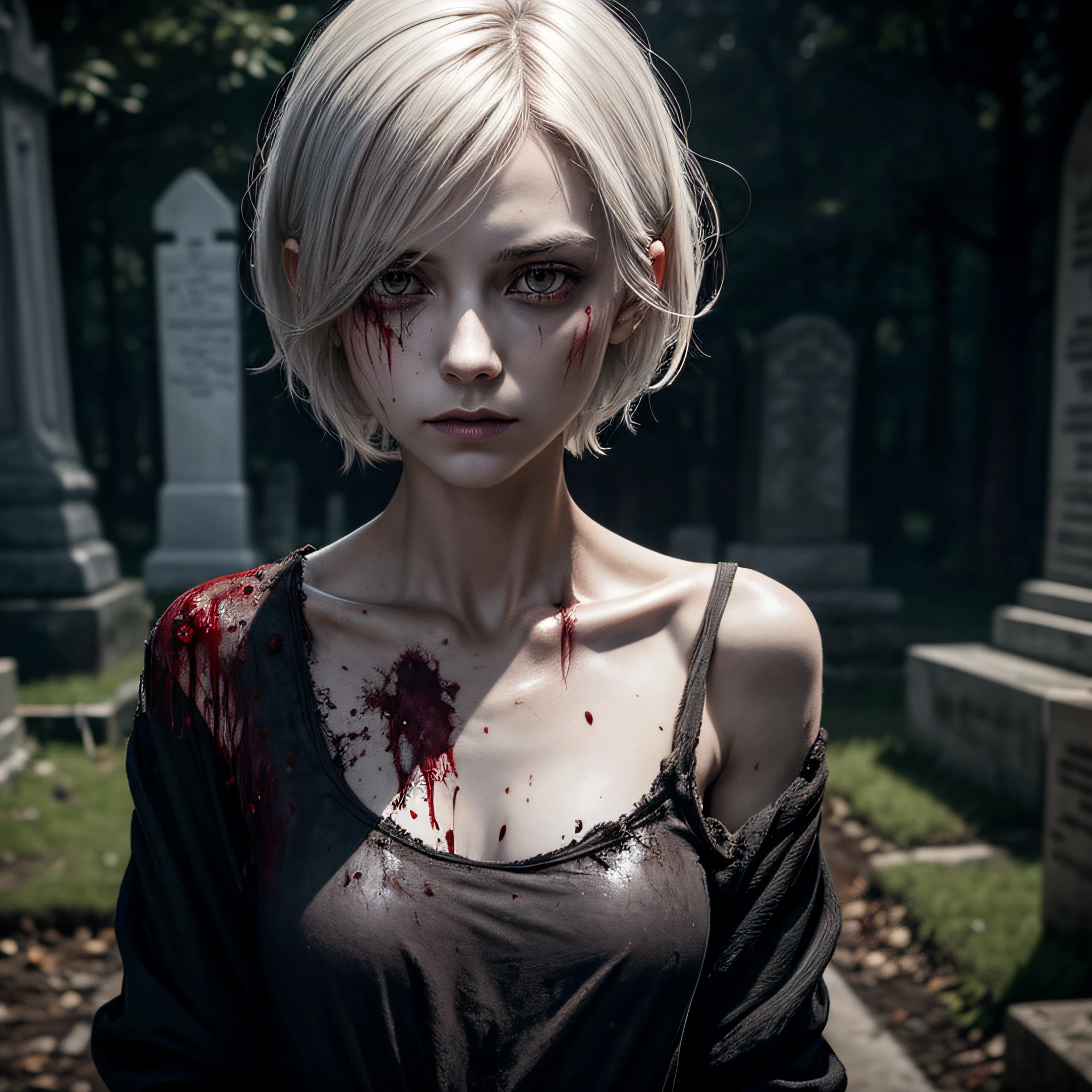 corpse, sinister, female, thin, pale, looking at the camera, ultra realistic, fully detailed, cemetery environment, bright eyes,  stained with blood, bones exposed, putrid wounds, sensual, terrifying, bruised by the body, exposed fracture in the collarbone, slight smile, super detailed, white short hair, blood and wounds, stab wounds on body, dirty clothes, nude