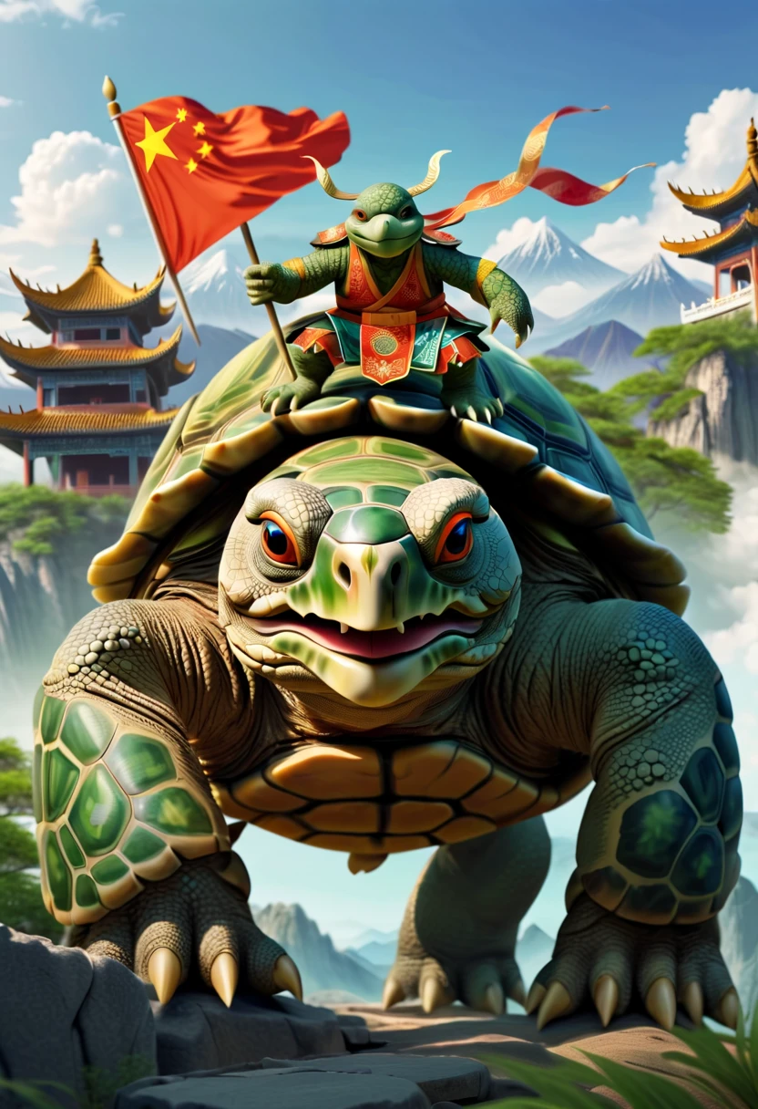1 turtle，Turtle-shell dragon-headed monster，Chinese totem tortoise shell，Chinese，Ancient divine beasts，Landscape background