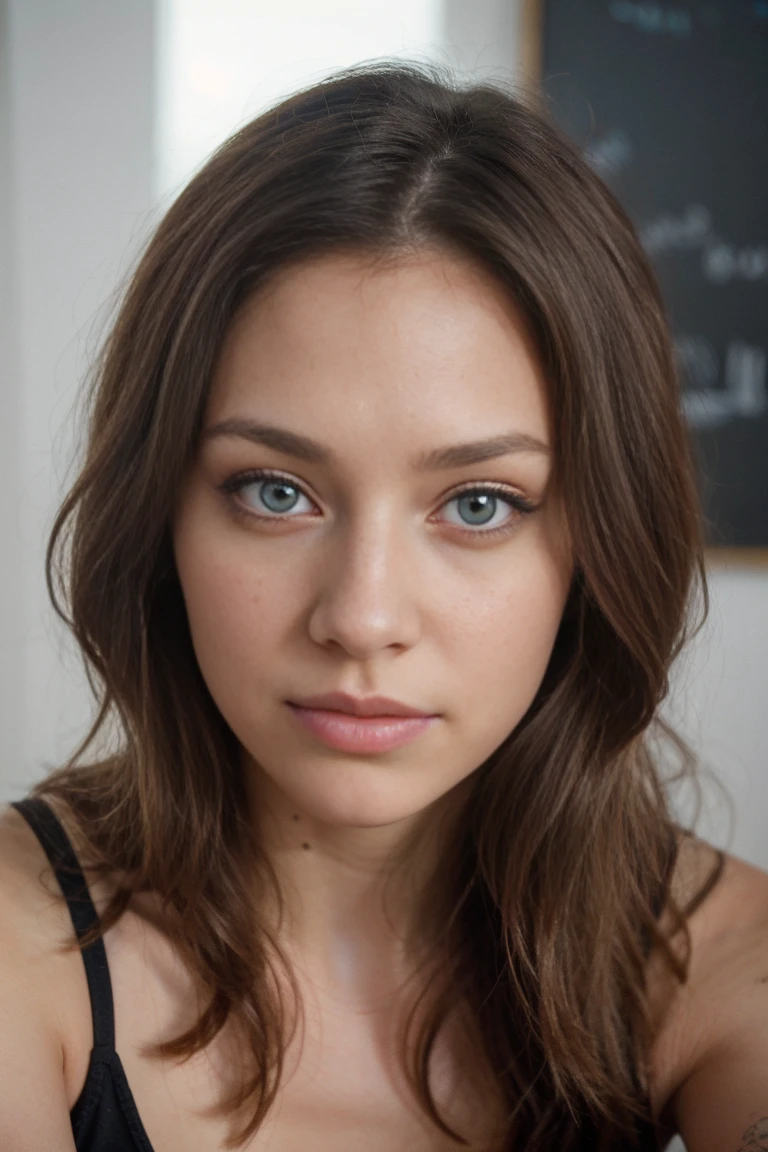She has blonde hair, big, blue eyes, and a subtle, natural makeup look. The selfie should show her without visible makeup, and she should be looking directly into the camera. The face should appear realistically natural. The full-body shot of this attractive woman should feature a striking pose, and she has piercing blue eyes. The girl has a sweet demeanor, and the pose should also be sweet. Please ensure that the entire body of the woman is visible in the image. The background should be clear and uncluttered. The details of the image should be of high quality(best quality)), ((masterpiece)), (detailed), perfect face