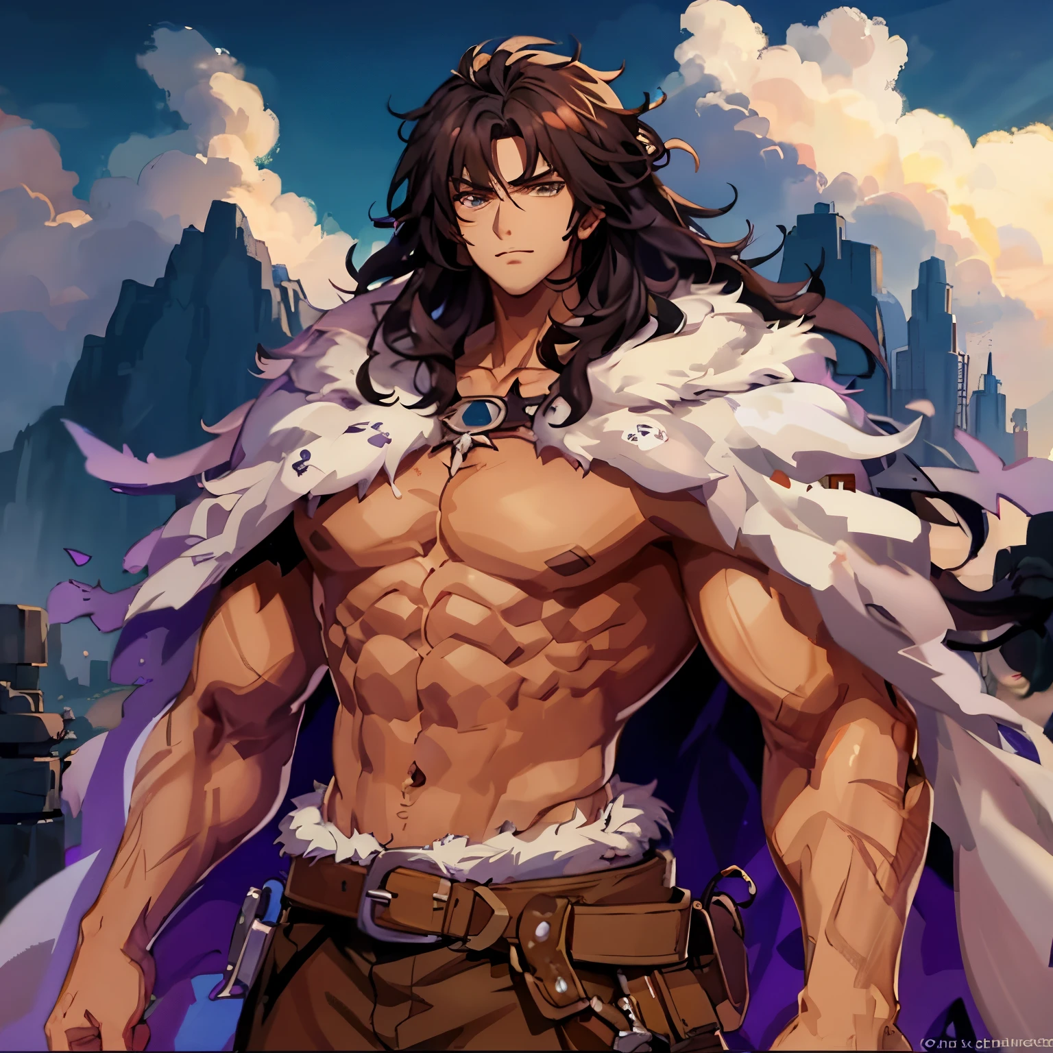 um homem com barba e capa em frente a uma montanha, cara bonito na arte demon slayer, Sylas, badass anime 8 k, Boris Valejo. Octopath Viajante, arte detalhada do personagem de anime, personagem de anime masculino, Anime Tribal Boy com cabelo longo, joseph joestar, kaladin stormblessed, forte e imponente