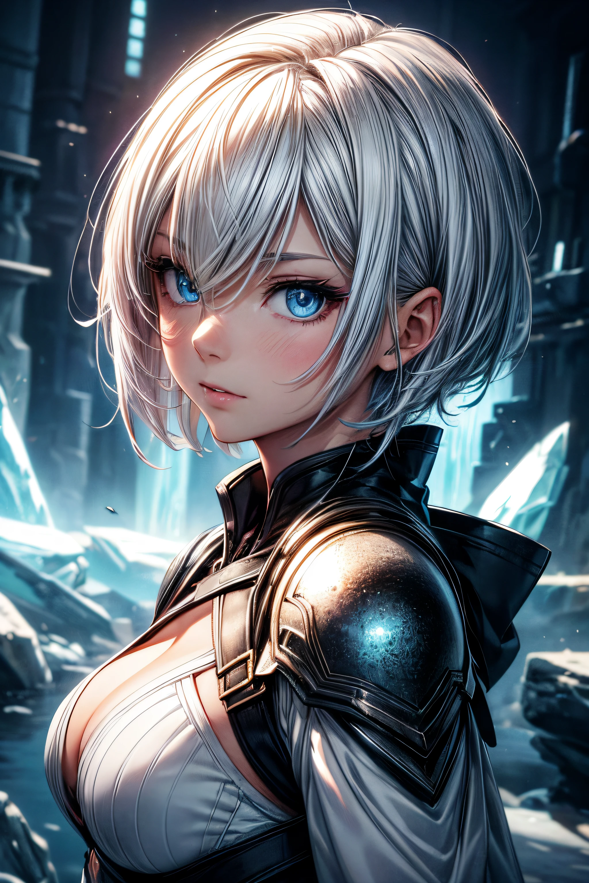 (anime,young woman,solo,short hair,white hair,blue eyes,beautiful,half body portrait,fantasy,ice) (best quality,4k,highres,masterpiece:1.2),ultra-detailed,realistic:1.37,clear focus,professional,vivid colors,physically-based rendering,portraits,lighting:soft)
Be aware of:Please delete the above notes and task descriptions,The generated prompt should be a line of text。
