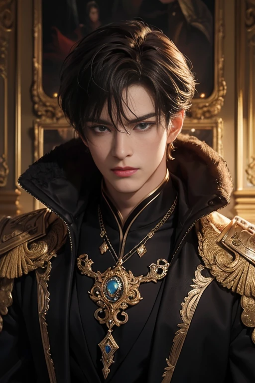 "Dark and epic atmosphere. Mature male,with short brown hair, figure eight bangs,sharp golden eyes,He exudes the majesty of an emperor."Elegant dress details,hisui,topaz,