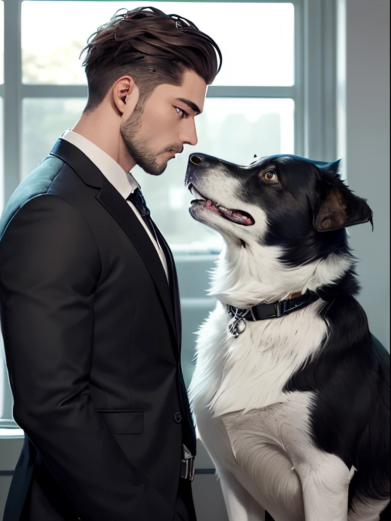 Anime guy in a suit and tie looking at something, Xianxia Hero, Black long hair!, incredibly beautiful hairstyle, Romance Book Cover Style, hot daddy, The Dog Man, discord profile picture, muscular neck, long shiny hair, Art for the game, sycamore, handsome chad chin, Beautiful, very symmetrical face, He is dressed in black, yaoi, Aesthetic canon of proportions