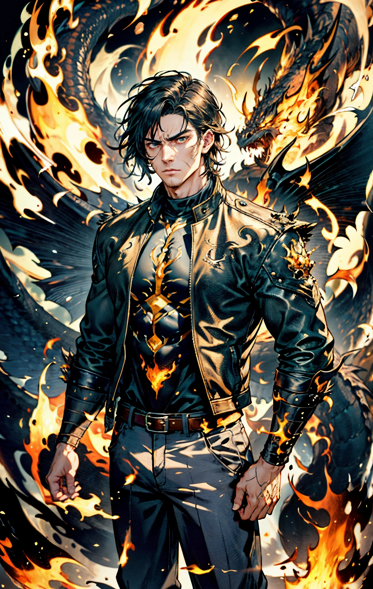 A young man, dark blue short hair, long bangs covering half of his face, sharp eyes, a long scar on his face, an expression of discontent, a fantasy-realistic style leather jacket over a dark undershirt, trousers that matching the outfit, black fire swirling around, the background depicts a menacing dragon formed by black flames, this character embodies a finely crafted fantasy-realistic in anime style, exquisite and mature manga art style, high definition, best quality, highres, ultra-detailed, ultra-fine painting, extremely delicate, professional, anatomically correct, symmetrical face, extremely detailed eyes and face, high quality eyes, creativity, RAW photo, UHD, 8k, Natural light, cinematic lighting, masterpiece-anatomy-perfect, masterpiece:1.5