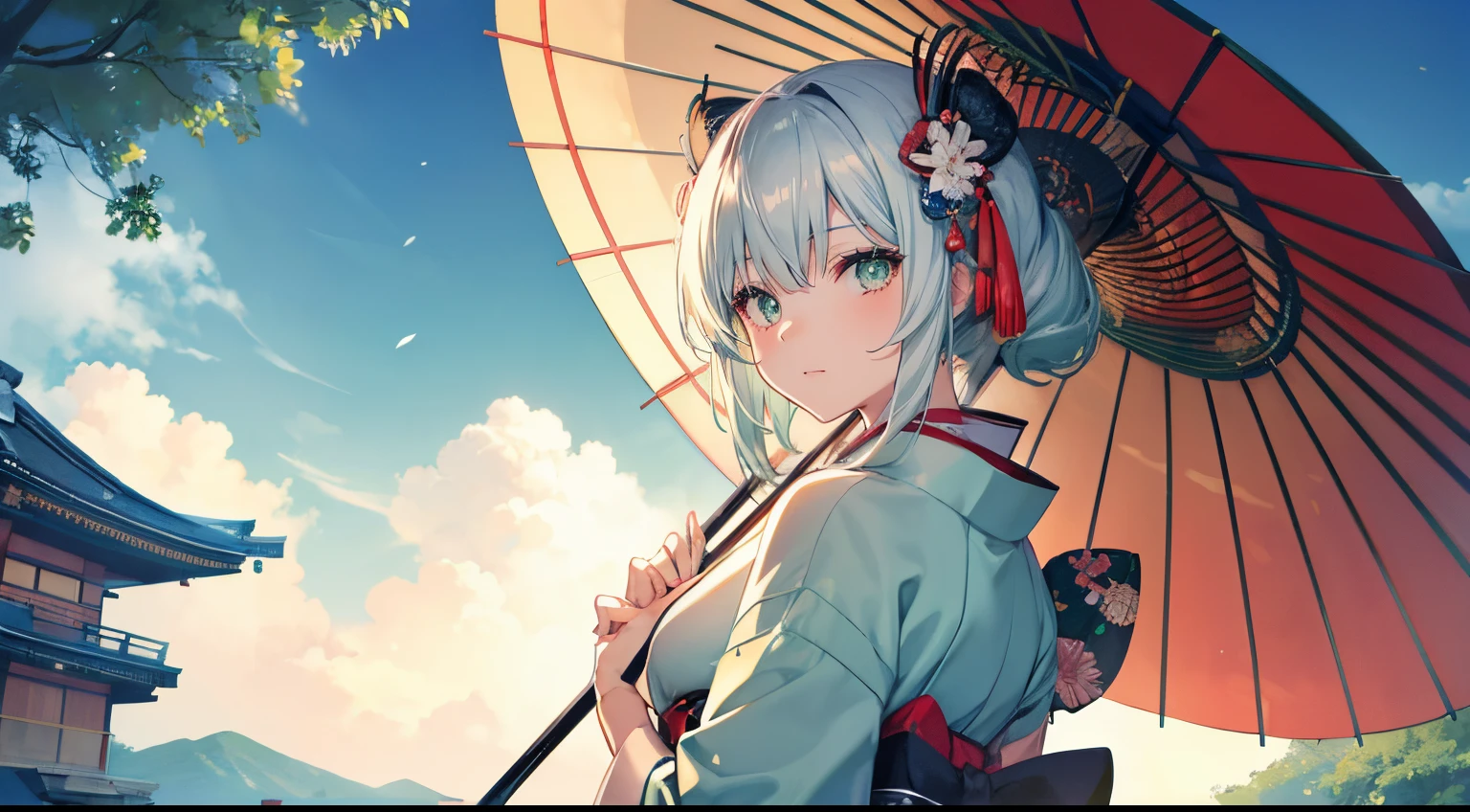 Highly detailed A Japanese style a beauty girl silber hair samurais pale green kimono Blue hair fastening Green eyes huge tit Japanese umbrellas Looks Back