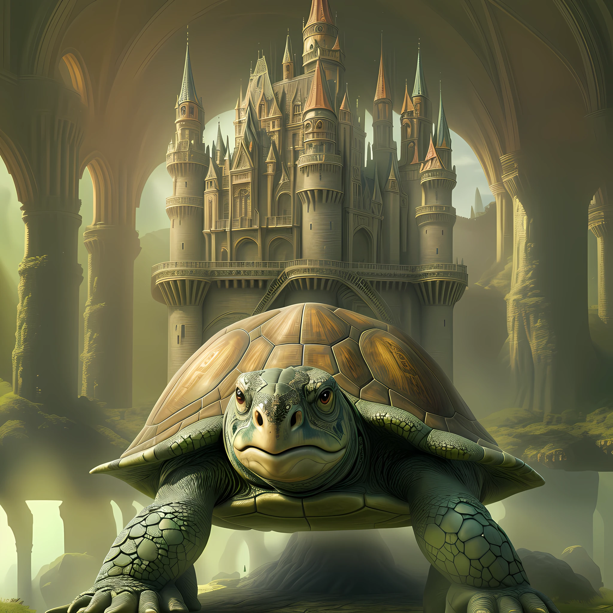 a picture of an epic turtle  (intricate details, fantasy art, Masterpiece, best quality: 1.4)  that has a massive medieval castle  (intricate details, fantasy art, Masterpiece, best quality: 1.4)  with towers and turrets, , sun rays, dynamic atmosphere, soft light, dynamic light, high details, best quality, 16k, [ultra detailed], masterpiece, best quality, (extremely detailed), ultra wide angle)