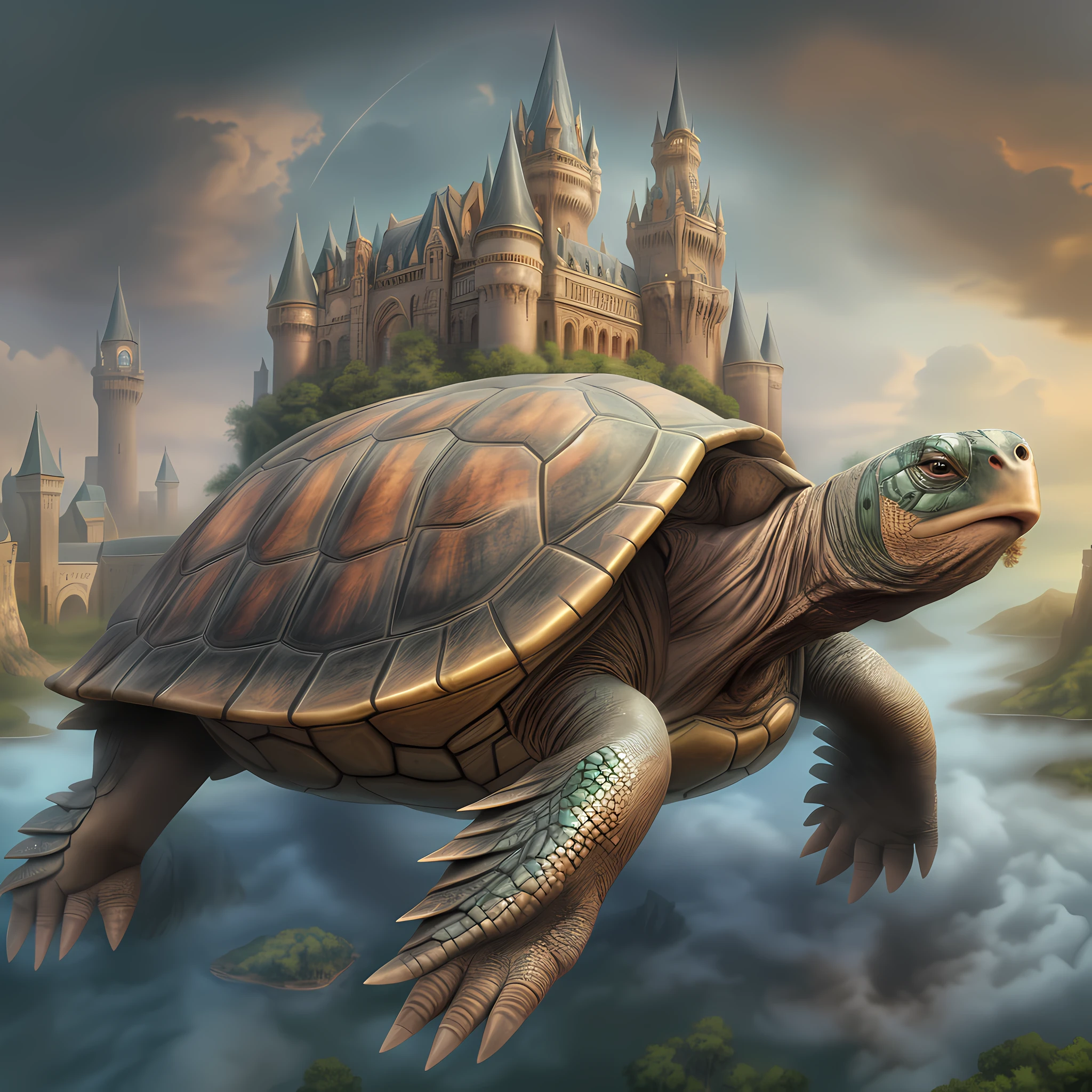 a long shot picture of an epic sized turtle (best details, Masterpiece, best quality: 1.4) having a fantasy castle built on the back of the turtle,  rolling hills, fantasy castle with (turrets: 1.1), (towers:1.1), (bridges:1.2), (barbican:1.1), green rolling hills background, epic sized turtle as the castle base, (castle on the turtle:1.3) huge epic sized turtle carrying the castle, Photorealistic, 16k, RAW, award winning, (best detailed: 1.5), masterpiece, best quality, (ultra detailed), full body, ultra wide shot,