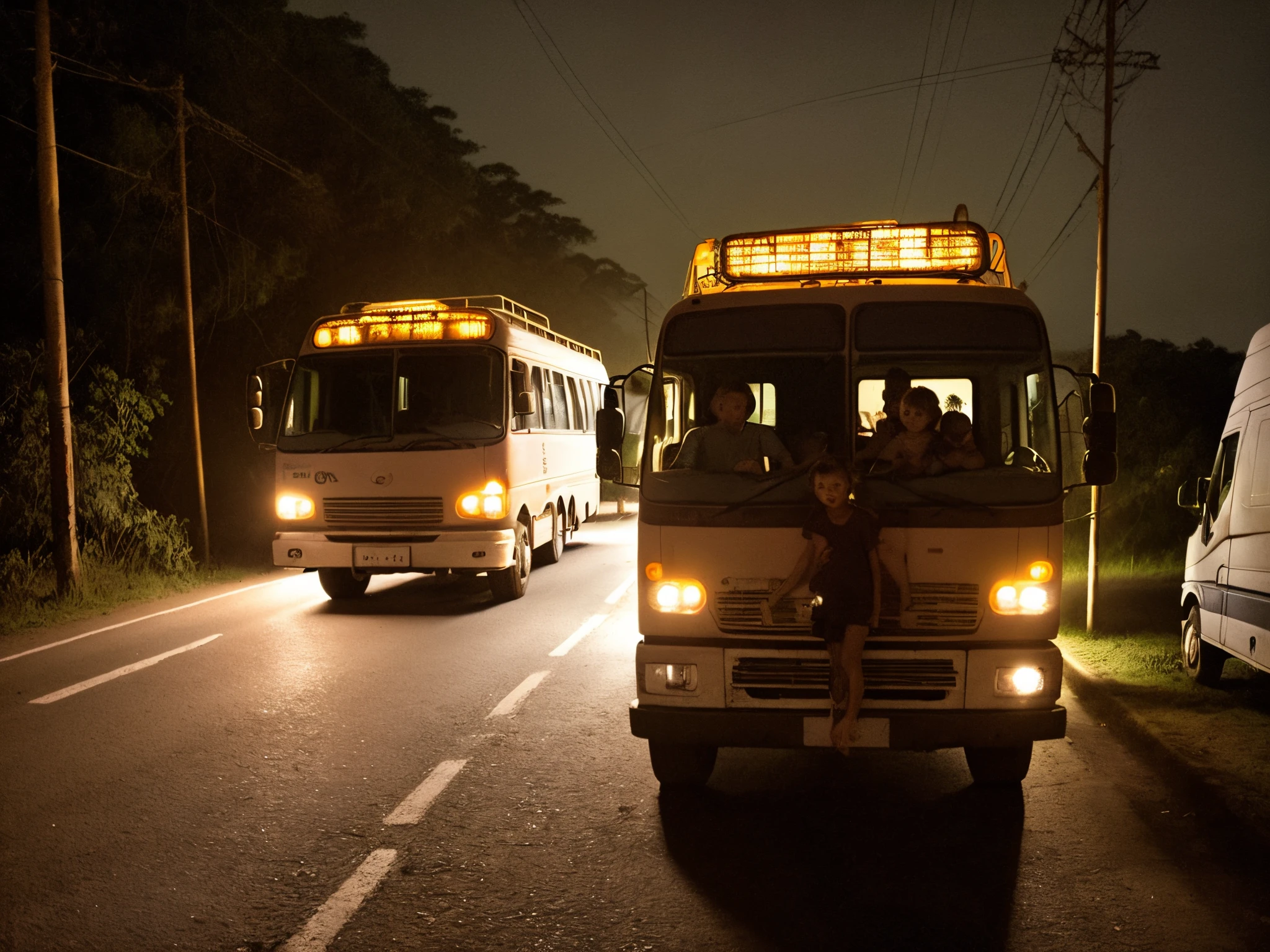Broken white minibus on dark highway, with the headlight illuminating the people in front of the bus, a woman with a child on her lap, casal de idosos, young man with dow syndrome, 3 pessoas sentadas no encostamento na estrada