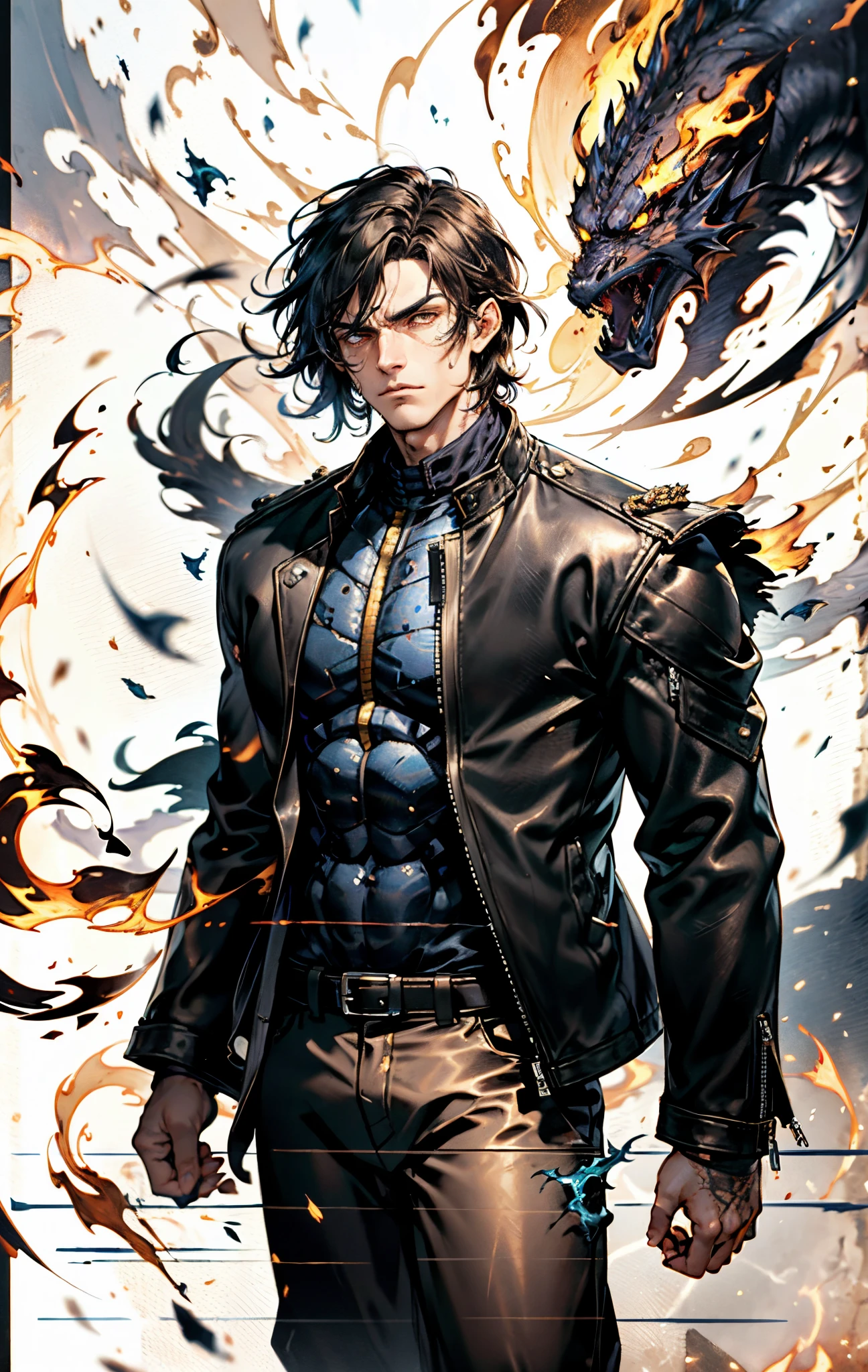 A young man, dark blue short hair, long bangs covering half of his face, sharp eyes, a long scar on his face, an expression of discontent, a fantasy-realistic style leather jacket over a dark undershirt, trousers that matching the outfit, black fire swirling around, the background depicts a menacing dragon formed by black flames, this character embodies a finely crafted fantasy-realistic in anime style, exquisite and mature manga art style, high definition, best quality, highres, ultra-detailed, ultra-fine painting, extremely delicate, professional, anatomically correct, symmetrical face, extremely detailed eyes and face, high quality eyes, creativity, RAW photo, UHD, 8k, Natural light, cinematic lighting, masterpiece-anatomy-perfect, masterpiece:1.5