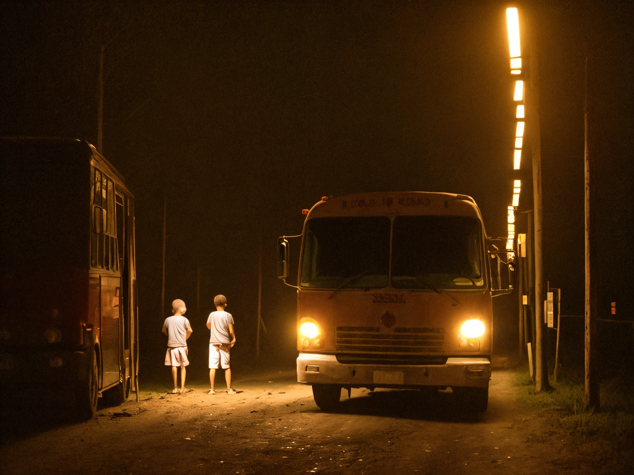 Broken white minibus on dark highway, with the headlight illuminating the people in front of the bus, a woman with a child on her lap, casal de idosos, young man with dow syndrome, 3 pessoas sentadas no encostamento na estrada