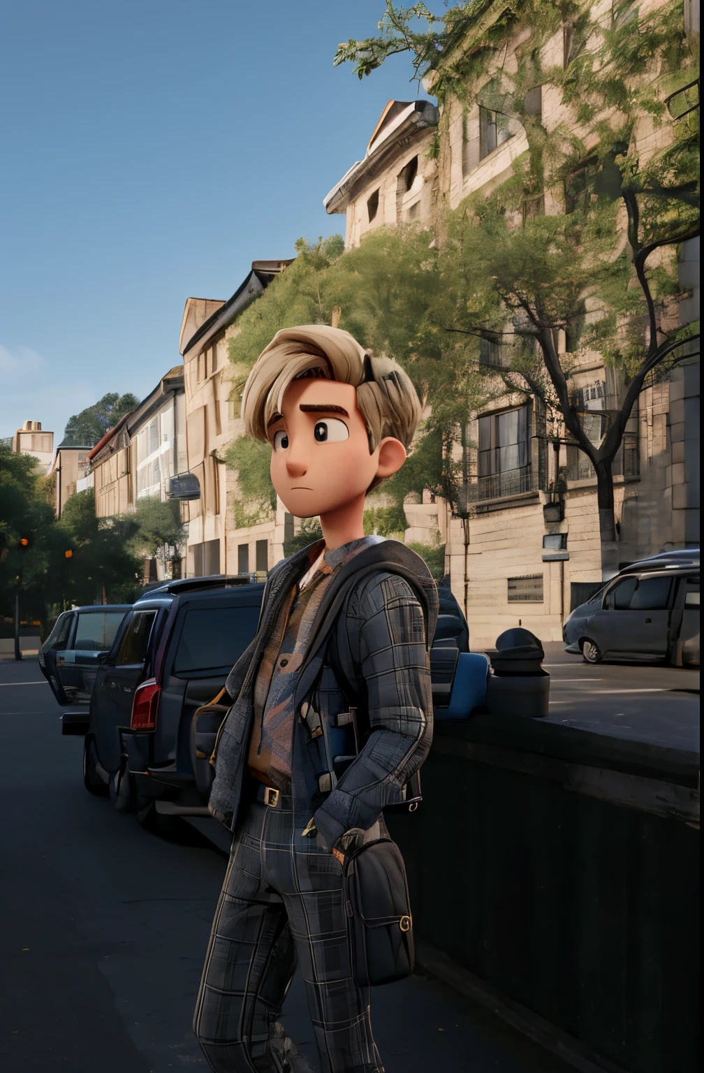 A man with a pattern jacket and a black back pack. His body is facing outward while he is crossing his arm but he still looking at the camera. He has a blond hair with a little bit of color black below.