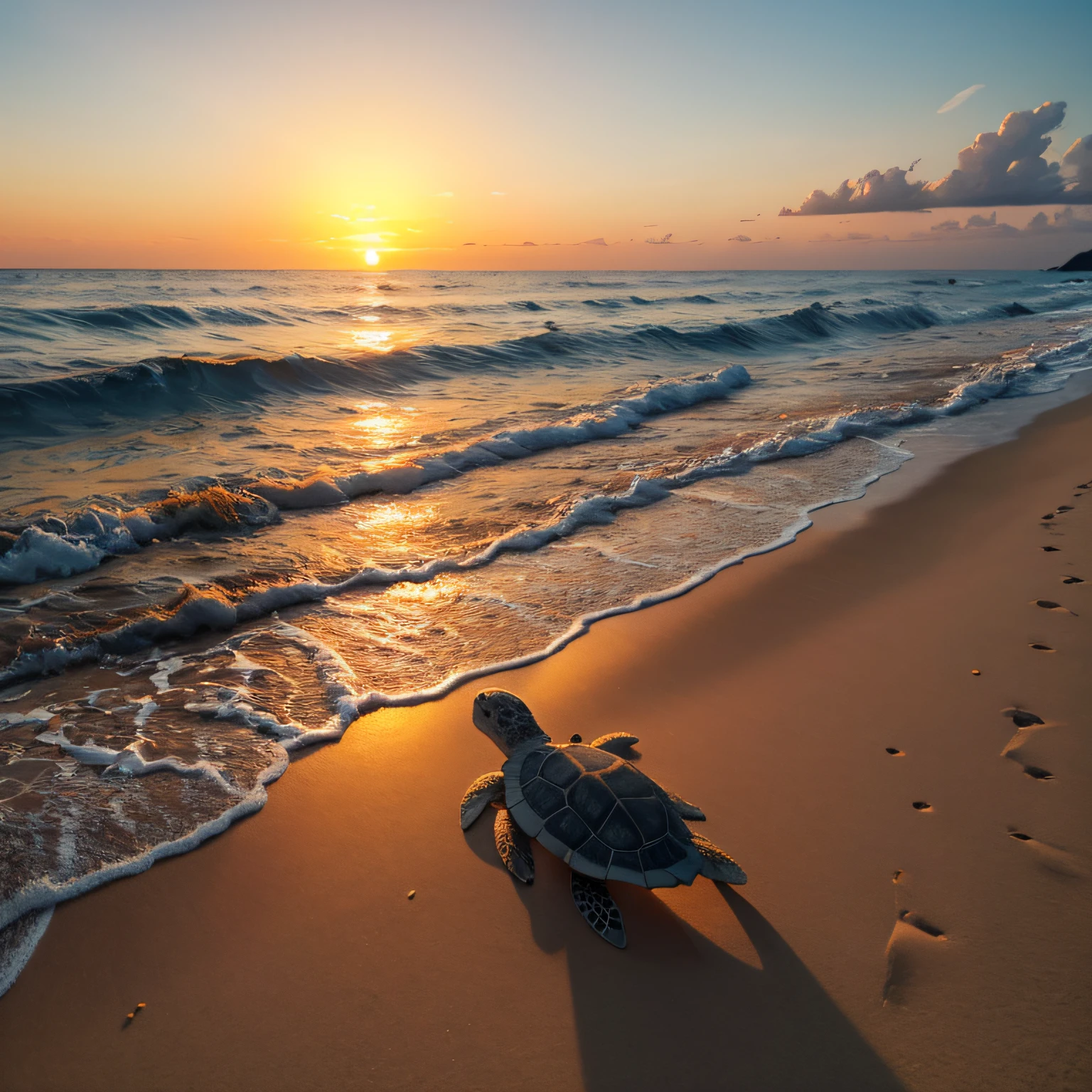 Baby sea turtle returns to the sea on the white sand beach, sunset, orange sky, (Masterpiece), (Best Quality), (Ultra high Detailes)