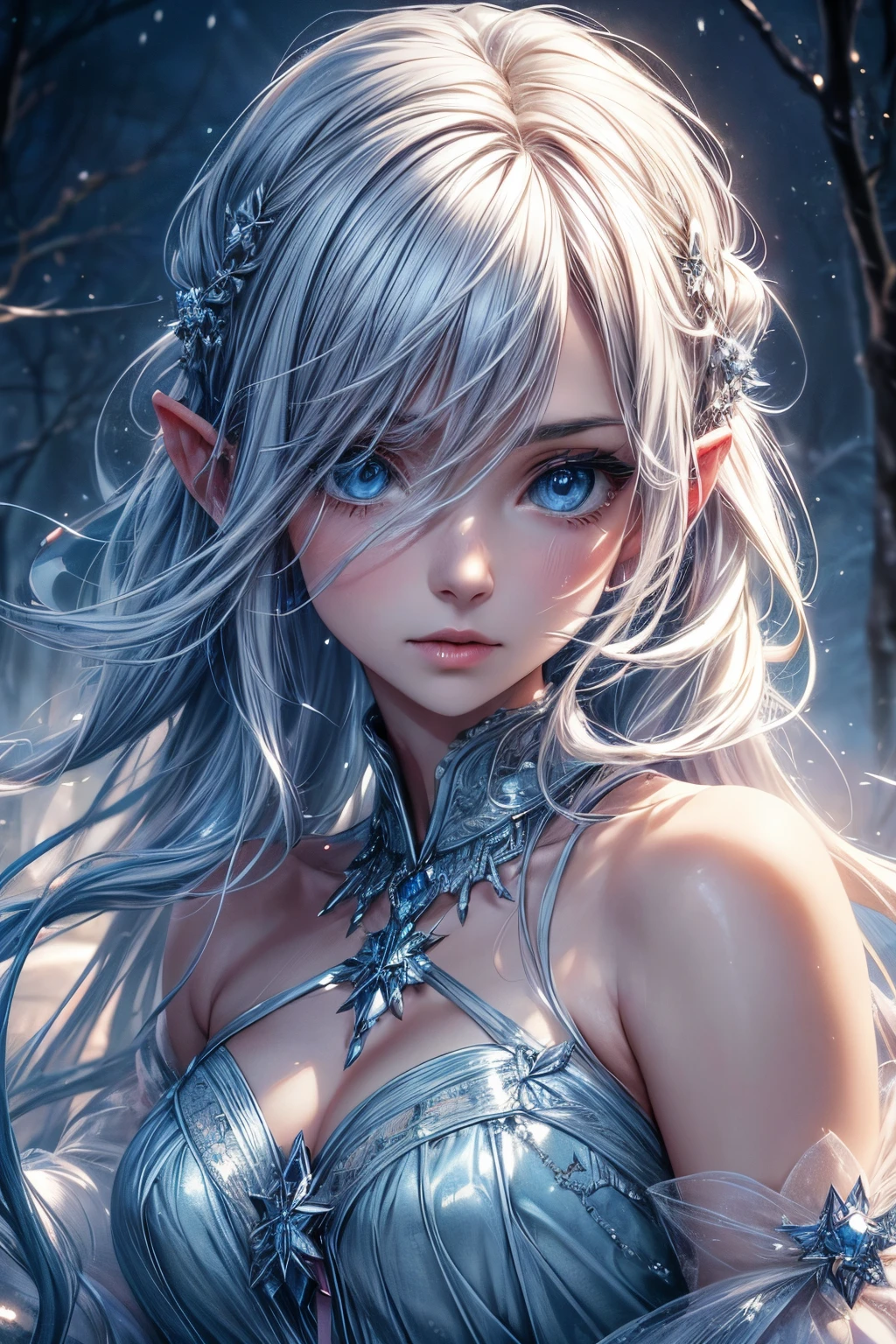 A beautiful elf, wet white hair, big breasts, wet skin, skin details, well detailed face, well detailed light blue eyes, slippery body, wet, mud, night, dramatic effect, a dark background grove with an intense fog, movie directed by Peter Jackson twilight wide-angle lens::20 H.R Giger::20 --air 2048:1536 --iw 1.3 --s 300 --v 5.1 --raw style