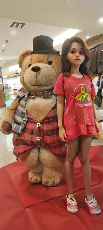 puffy girl next to a giant teddy bear in a store, aparecer em um shopping center, em um shopping, vestindo uma camisa vermelha de lenhador, em um shopping, usando um vestido xadrez vermelho, 🤬 🤮 💕 🎀, Directed by: Milton Menasco, Tomado com Sony Alpha 9, flanela, vestindo uma camisa de flanela, Directed by: John Mossman