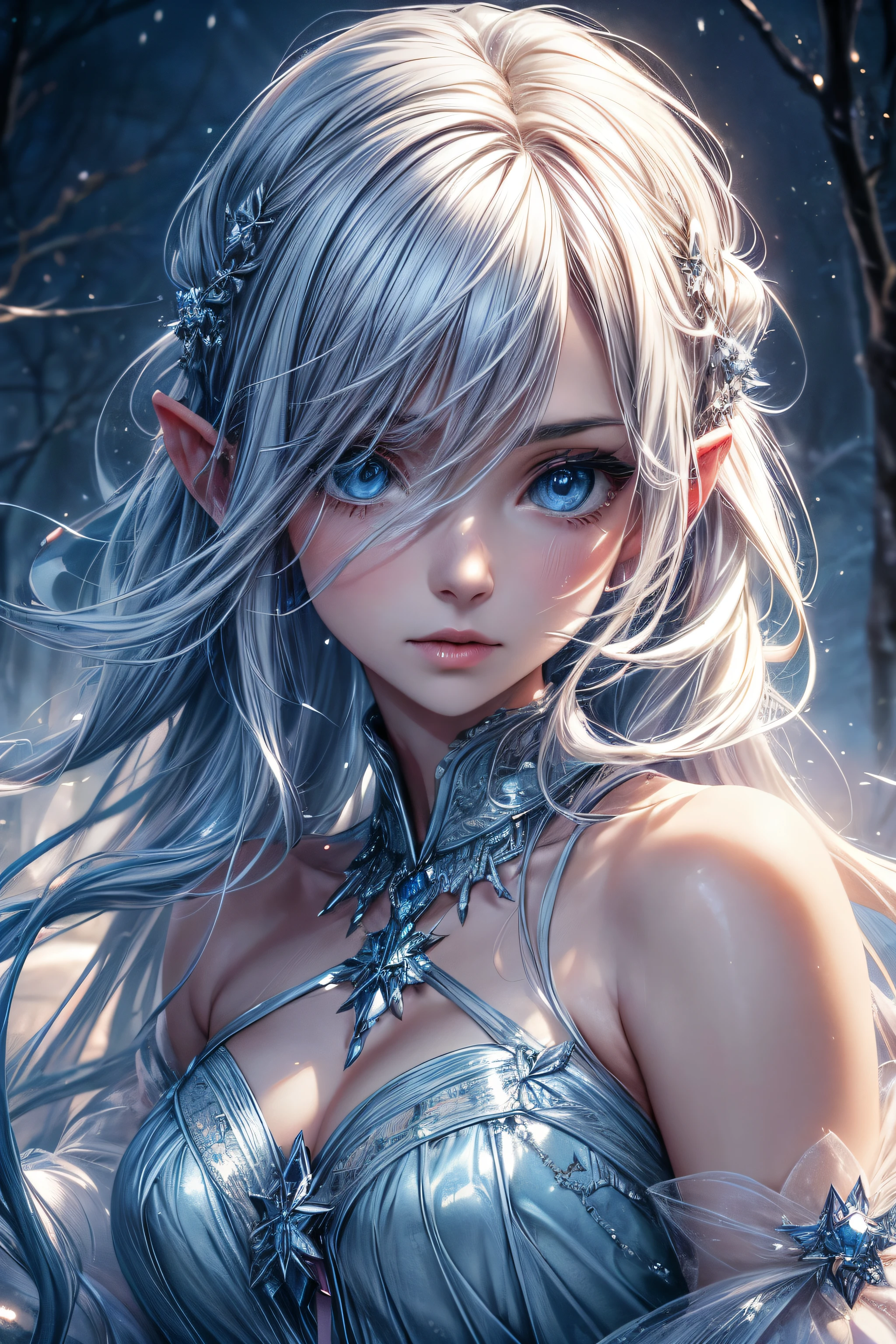 (best quality,4k,8k,highres,masterpiece:1.2),ultra-detailed,(realistic,photorealistic,photo-realistic:1.37),anime,portrait,blue eyes,white hair,shorthair,beautiful young woman,ice princess,ethereal,elven-like features,graceful,fantasy setting,magical atmosphere,soft lighting,aesthetic background,delicate details,flowing robe,subtle ice crystals,icy breath,sparkling snowflakes,dreamy ambiance,vibrant colors,sublime expression,serene and captivating gaze,tranquility,pensive mood,lonely yet serene,enchanted portrait,mysterious aura,sublime beauty,mesmerizing presence,wistful fantasy world