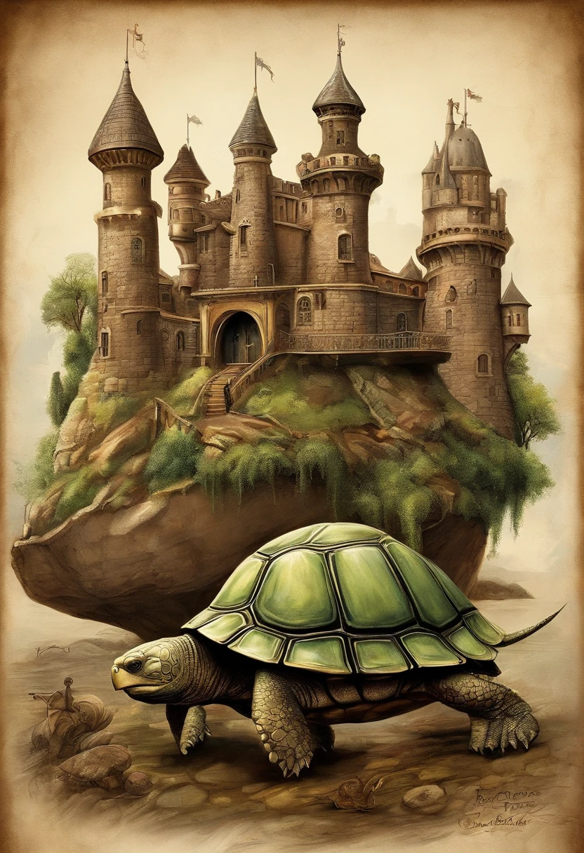 a long shot picture of a steampunk castle built on the back of an epic sized turtle (best details, Masterpiece, best quality: 1.4) rolling hills, s steampunk castle with (turrets: 1.1), (towers:1.1), (bridges:1.2), (barbican:1.1), canons on the walls, a blimp flying by, green rolling hills background, epic sized turtle as the castle base, (castle on the turtle:1.3) huge epic sized turtle carrying the castle, Photorealistic, 16k, RAW, award winning, (best detailed: 1.5), masterpiece, best quality, (ultra detailed), full body, ultra wide shot,
