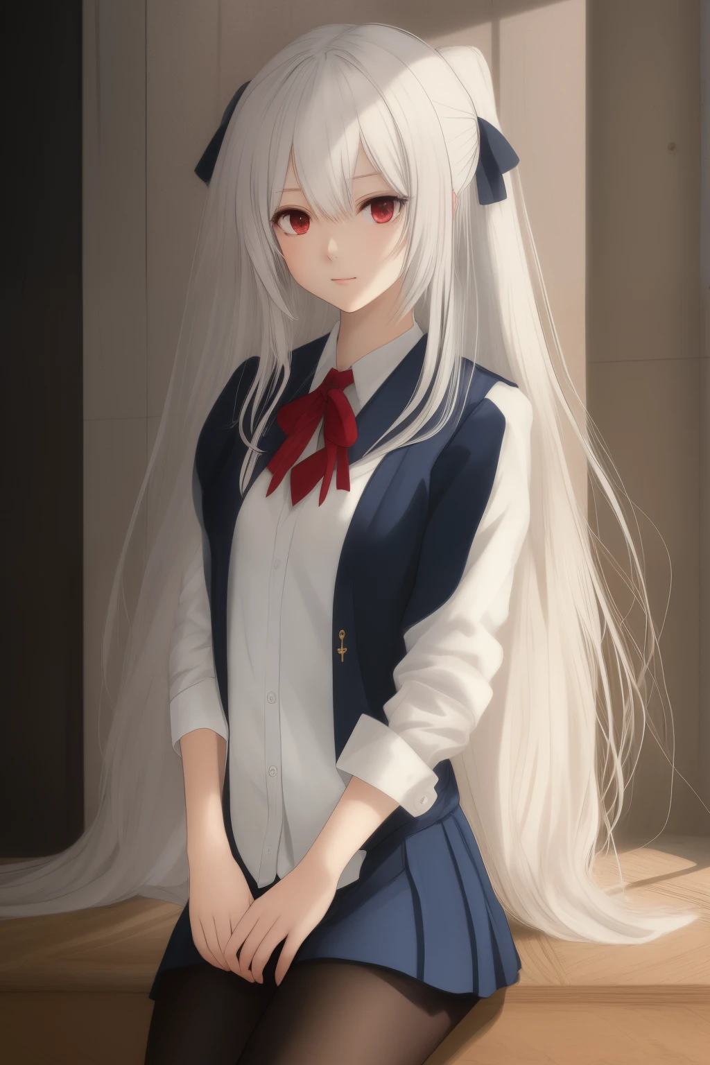 1 girl, long white hair, cute aura, blue ribbon in front of the chest , black school uniform Japanese, anime, red eyes, long black socks , anime