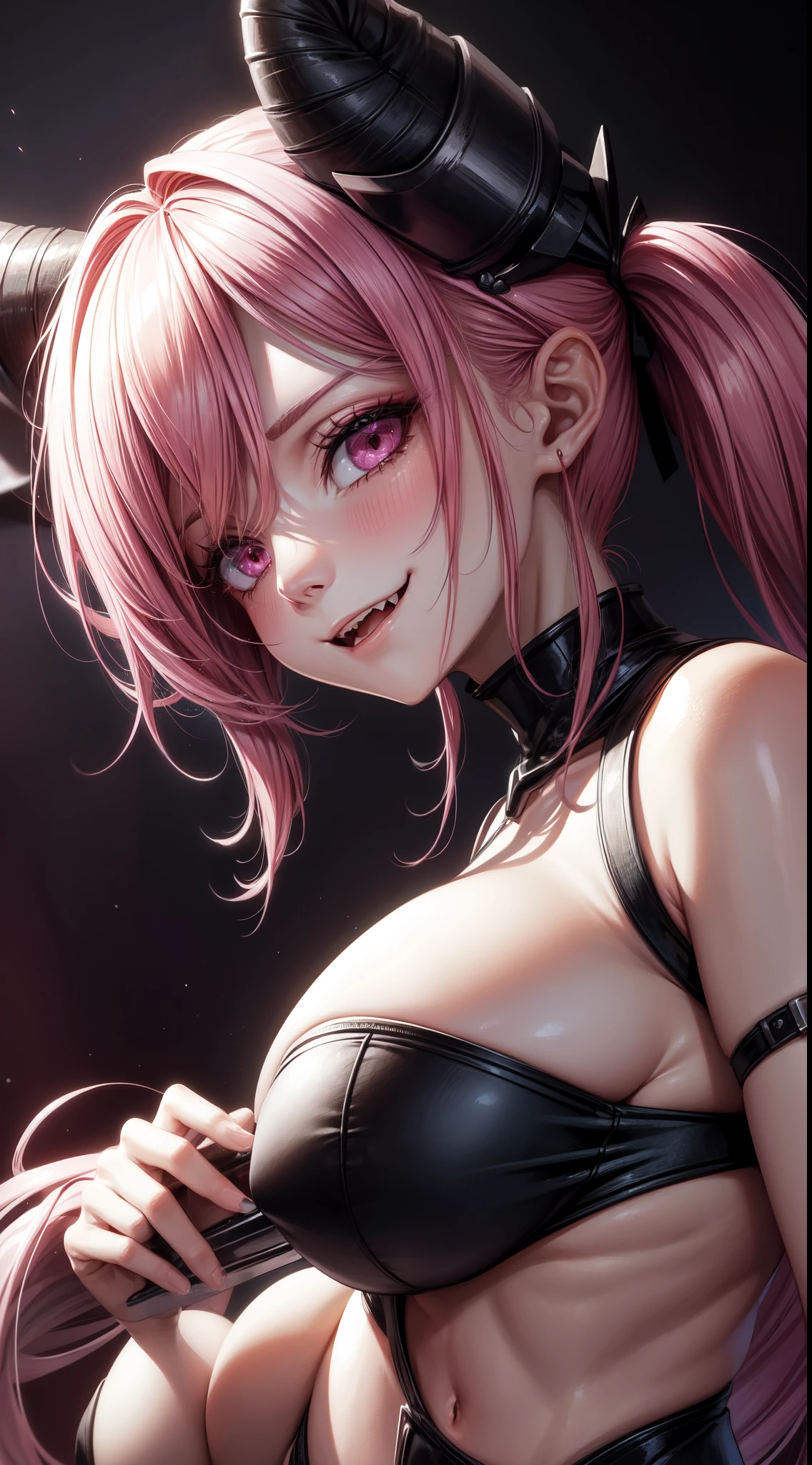 1girl, pink hair, long hair,  hd quality, 4k, 8k,,eyes, face, , evil, dark, face closeup, face, evil smirk, fangs,in a cute bedroom on the bed,und, face close up. dominant, dark, sideways, sideview, villain, hair clip,black horns, large breasts, twin tails, evilgrin, huge breasts