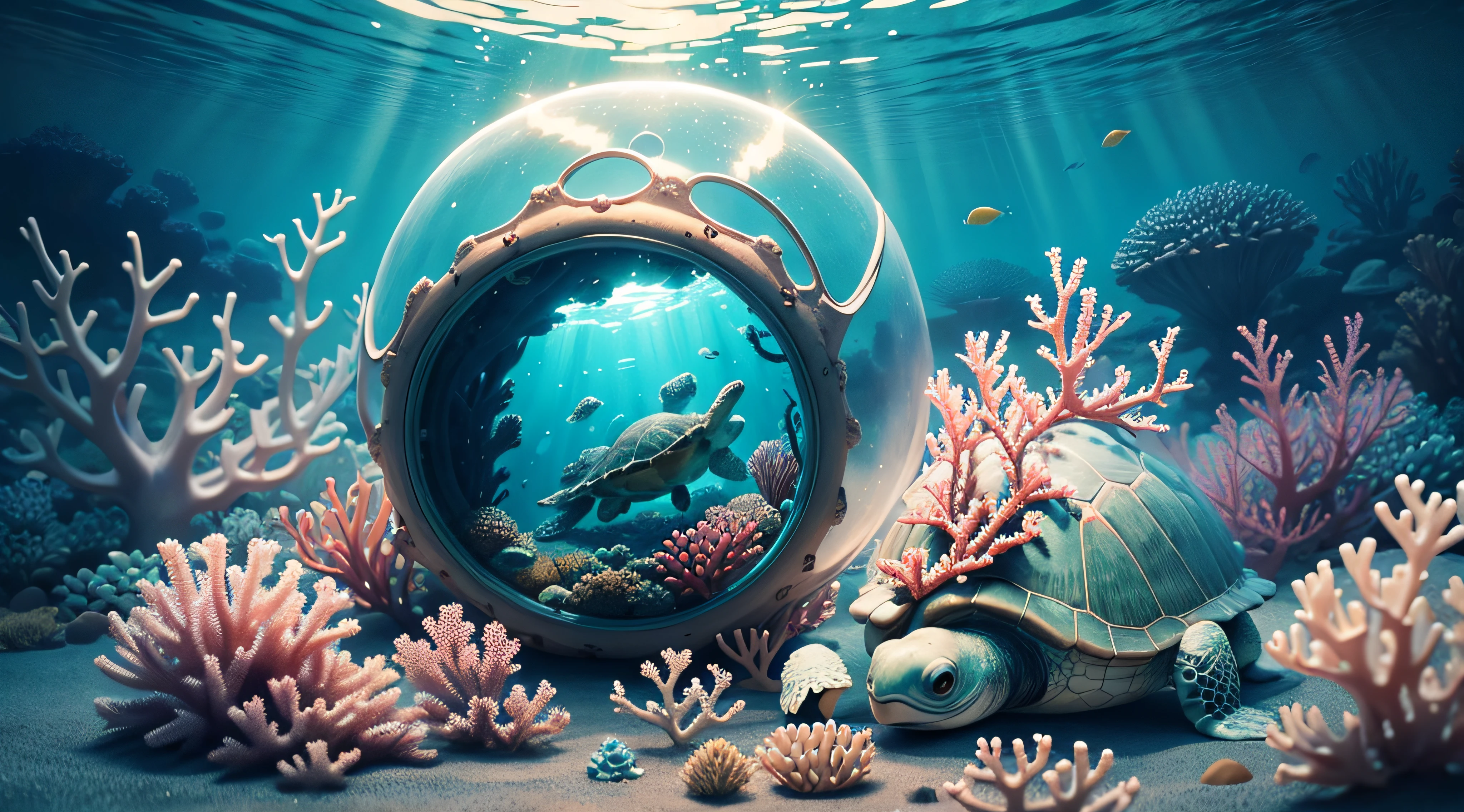 best quality, ultra-detailed, bubble containing a turtle. underwater, surrounded by coral.