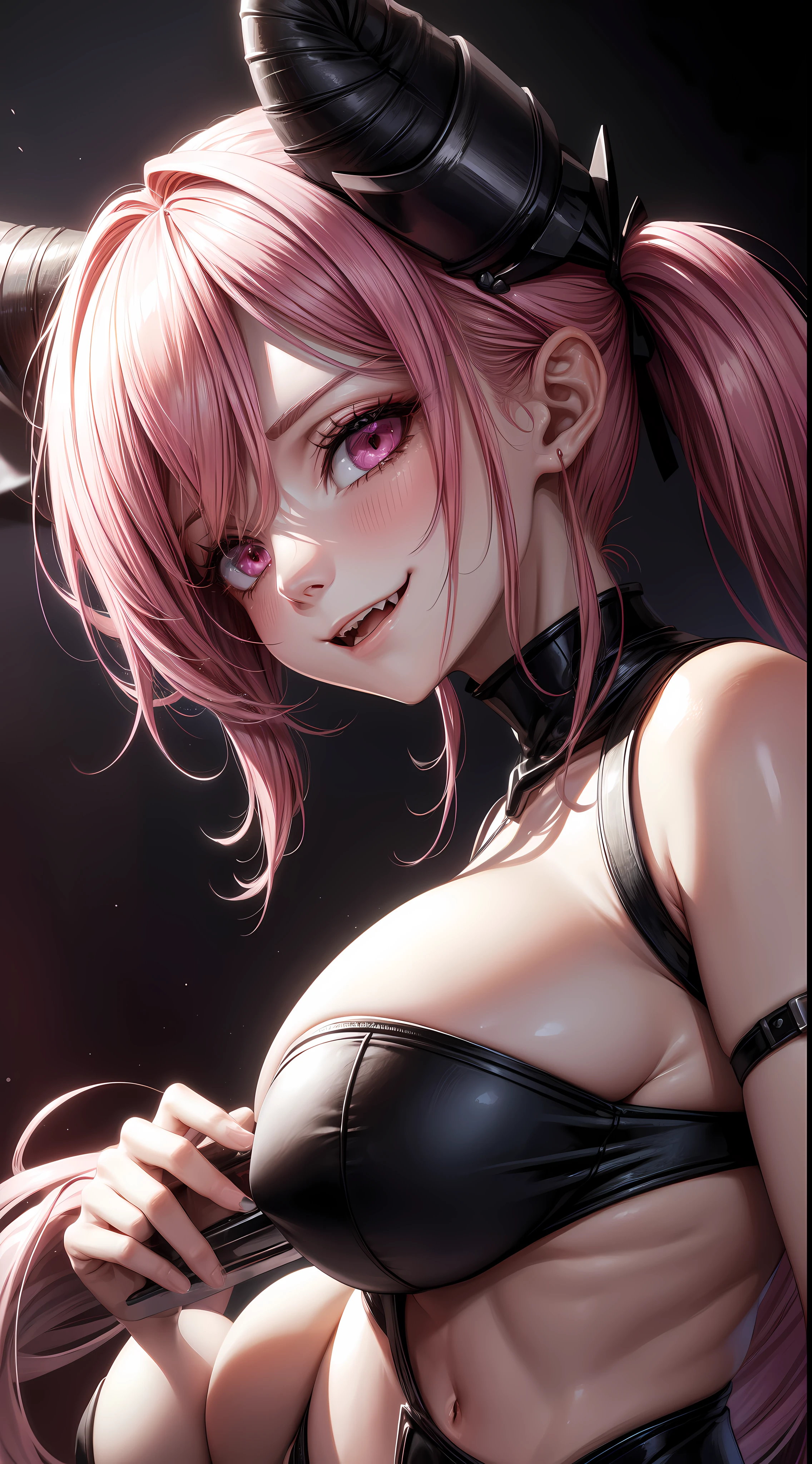 1girl, pink hair, long hair, hd quality, 4k, 8k,,eyes, face, , evil, dark, face closeup, face, evil smirk, fangs,in a cute bedroom on the bed,und, face close up. dominant, dark, sideways, sideview, villain, hair clip,black horns, large breasts, twin tails, evilgrin, huge breasts
