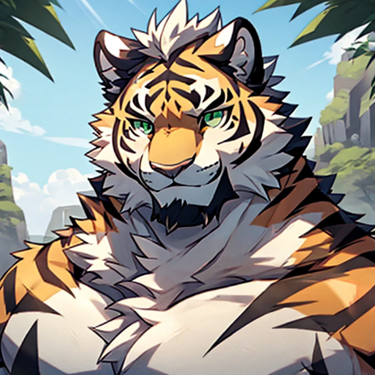 White Tiger，Gray-green eyes，Handsome，avatar furry beast，White fur