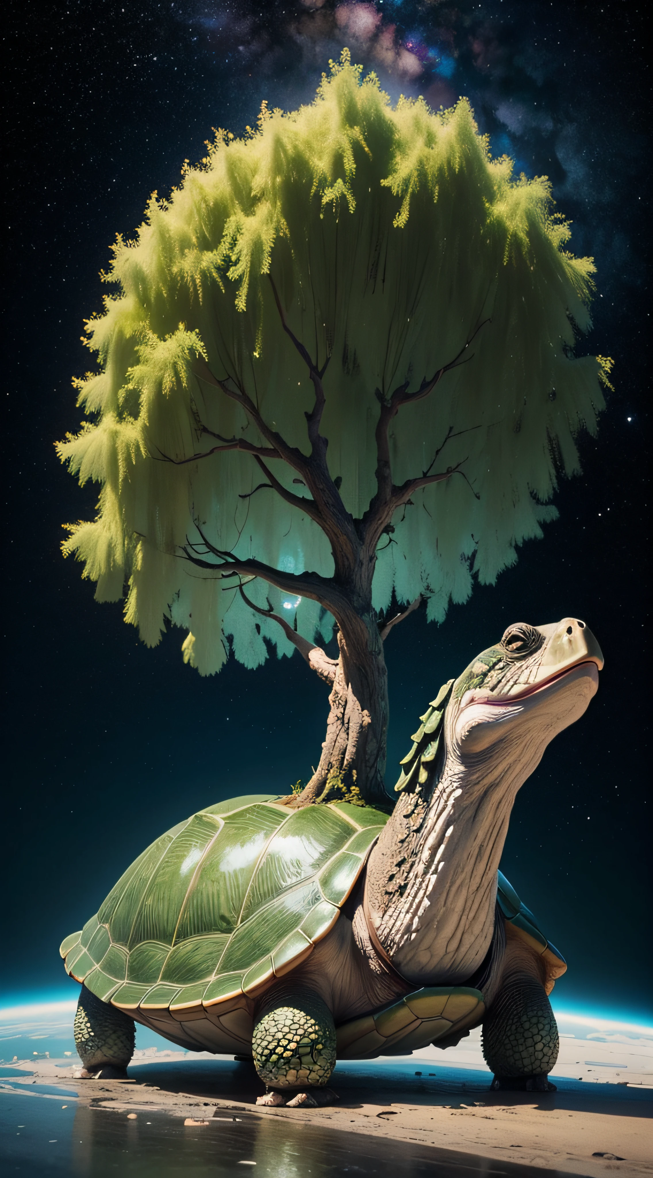 best quality, ultra-detailed, a tree (weeping willow) on the back of a giant turtle. In space