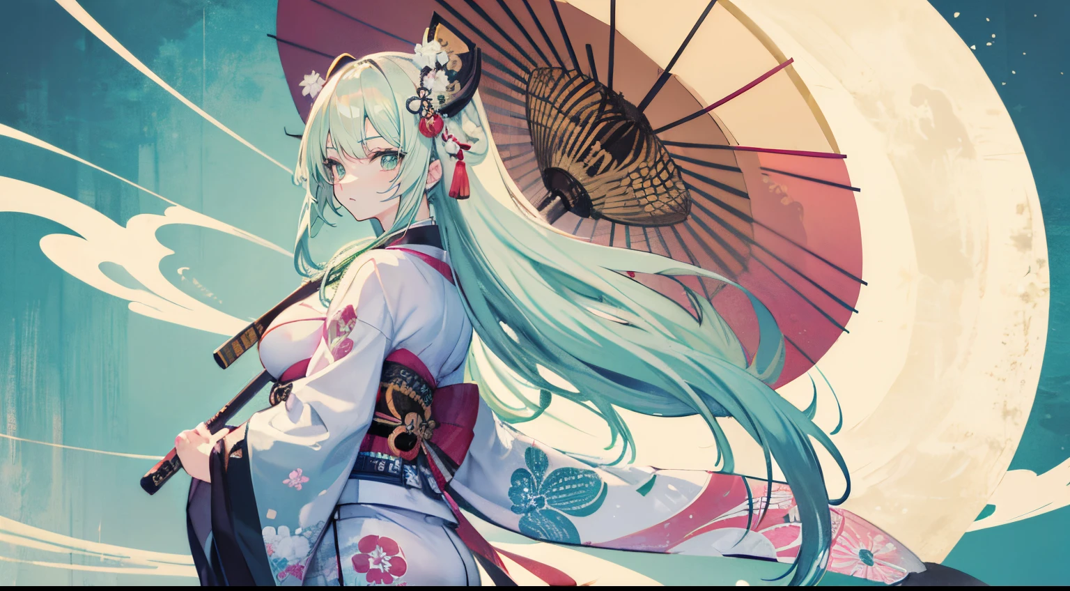 Highly detailed A Japanese style a beauty girl long blonde hair samurais pale green kimono Blue hair fastening Green eyes huge tit Japanese umbrellas Looks Back