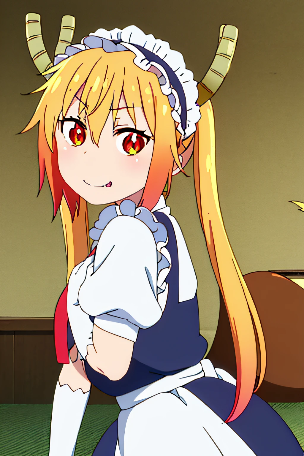 TOHRU, TOHRU \(MAIDRAGON\), LONG HAIR, BANGS, BLONDE HAIR, HAIR BETWEEN EYES, TWINTAILS, VERY LONG HAIR, MULTICOLORED HAIR, HORNS, FANG, GRADIENT HAIR, DRAGON HORNS, (RED EYES:1.3), (SLIT PUPILS:1.5), GLOVES, DRESS, TAIL, SHORT SLEEVES, NECKTIE, WHITE GLOVES, MAID, MAID HEADDRESS, DRAGON GIRL, DRAGON TAIL, SCALES, LARGE TAIL, 1girl, solo, upper body, facing viewer, looking at viewer, smile,