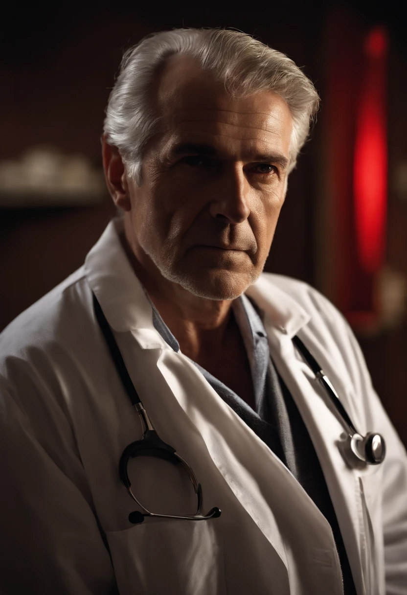 The image is of a dimly lit room, with a table set up to resemble a doctor's operating theater, complete with surgical tools, and an eerie red lighting casting shadows on the walls.,Saw series,Kramer is an older man with a gaunt, pallid complexion, accentuated by his battle with cancer. His thinning, grey hair and deeply lined face reflect his age and the toll of his illness. He often dresses plainly, in simple, unassuming clothes that contrast sharply with the elaborate nature of his traps. Even as his health declines, there’s a resilience in his eyes, a testament to his unwavering commitment to his twisted mission.