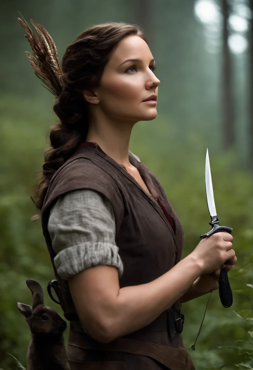 A photo of Katniss skillfully skinning a rabbit with a small knife.,The Hunger Games Trilogy,Katniss Everdeen, the protagonist of “The Hunger Games,” is characterized by her athletic build, olive skin, dark hair often styled in a practical braid, and striking grey eyes, reflecting her resilience and resourcefulness. Her appearance is marked by a blend of toughness and understated beauty, often wearing simple, functional clothing that suits her pragmatic and independent nature.