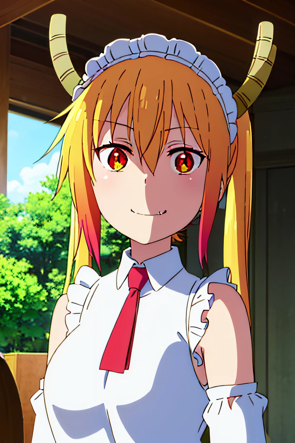 TOHRU, TOHRU \(MAIDRAGON\), LONG HAIR, BANGS, BLONDE HAIR, HAIR BETWEEN EYES, TWINTAILS, VERY LONG HAIR, MULTICOLORED HAIR, HORNS, FANG, GRADIENT HAIR, DRAGON HORNS, (RED EYES:1.3), (SLIT PUPILS:1.5), GLOVES, NECKTIE, (((SLEEVELESS))), WHITE GLOVES, MAID HEADDRESS, (((DETACHED SLEEVES))), SHIRT, (WHITE SHIRT:1.5), COLLARED SHIRT, 1girl, solo, upper body, facing viewer, looking at viewer, smile,