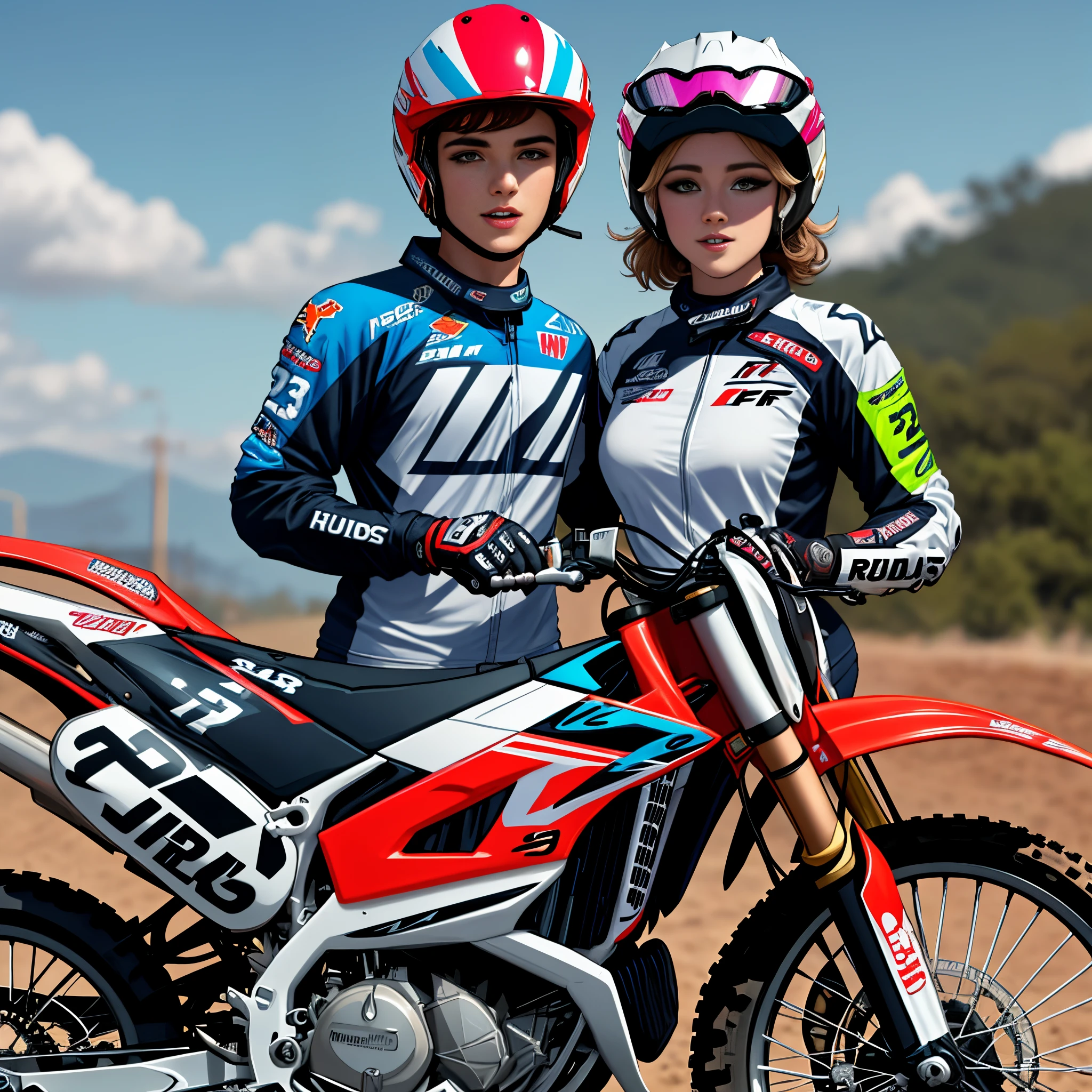uma personagem mulher com cabelos escuros compridos cacheado com uma roupa de motocross e os equipamento. Olhos castanhos, holding a helmet on the side of a crf 250 motorcycle with the number 23 on the side with the name Cláudia