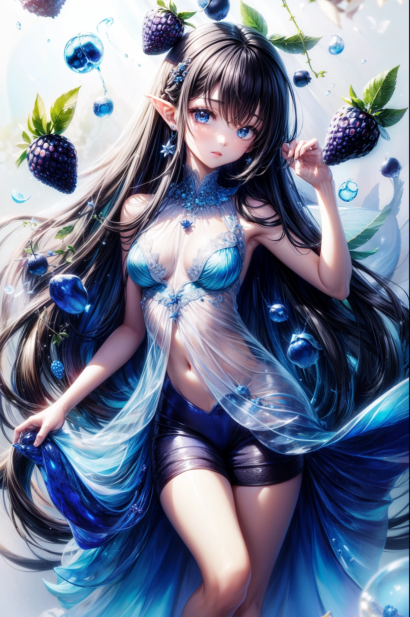 1 Fairy, ((blue berry,those fruits)),white backgrounid, black hair color hair,