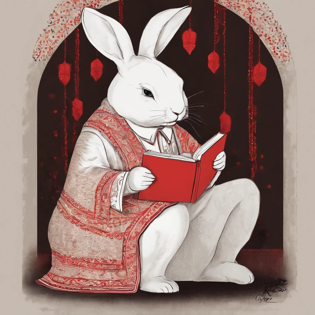 1 cartoon rabbit,white colors,anthropomorphic styles,Black lines,cute-style,Holding a red envelope...