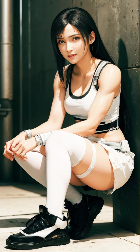 Anime, black hair, boyish short hair, red eyes, braids, full body, white tank top, black pants, long boots