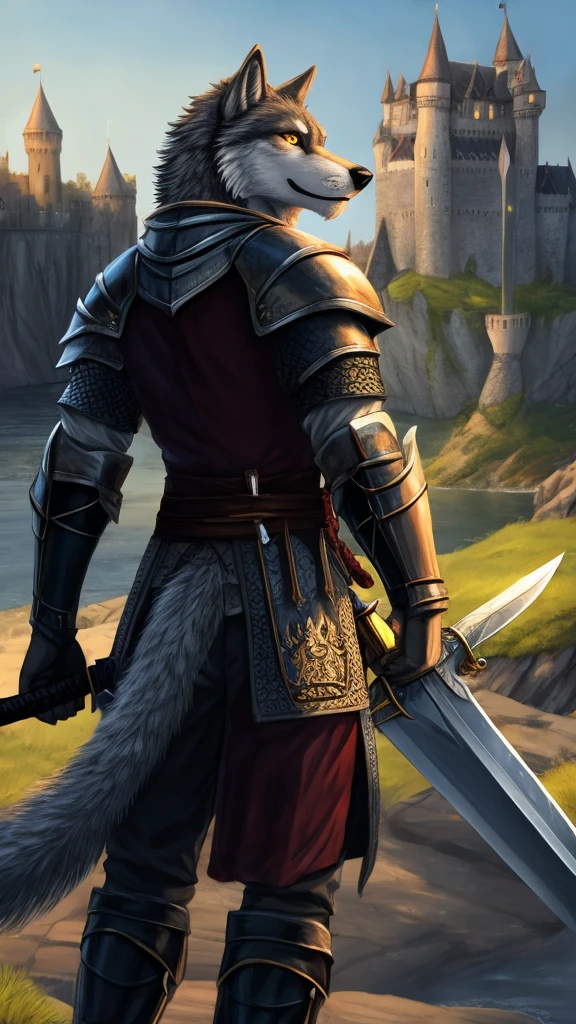 furry , male wolf ,Wearing the Black Knight Island outfit. , In Hand Held Sword ,golden eyes ,Behind is a castle..